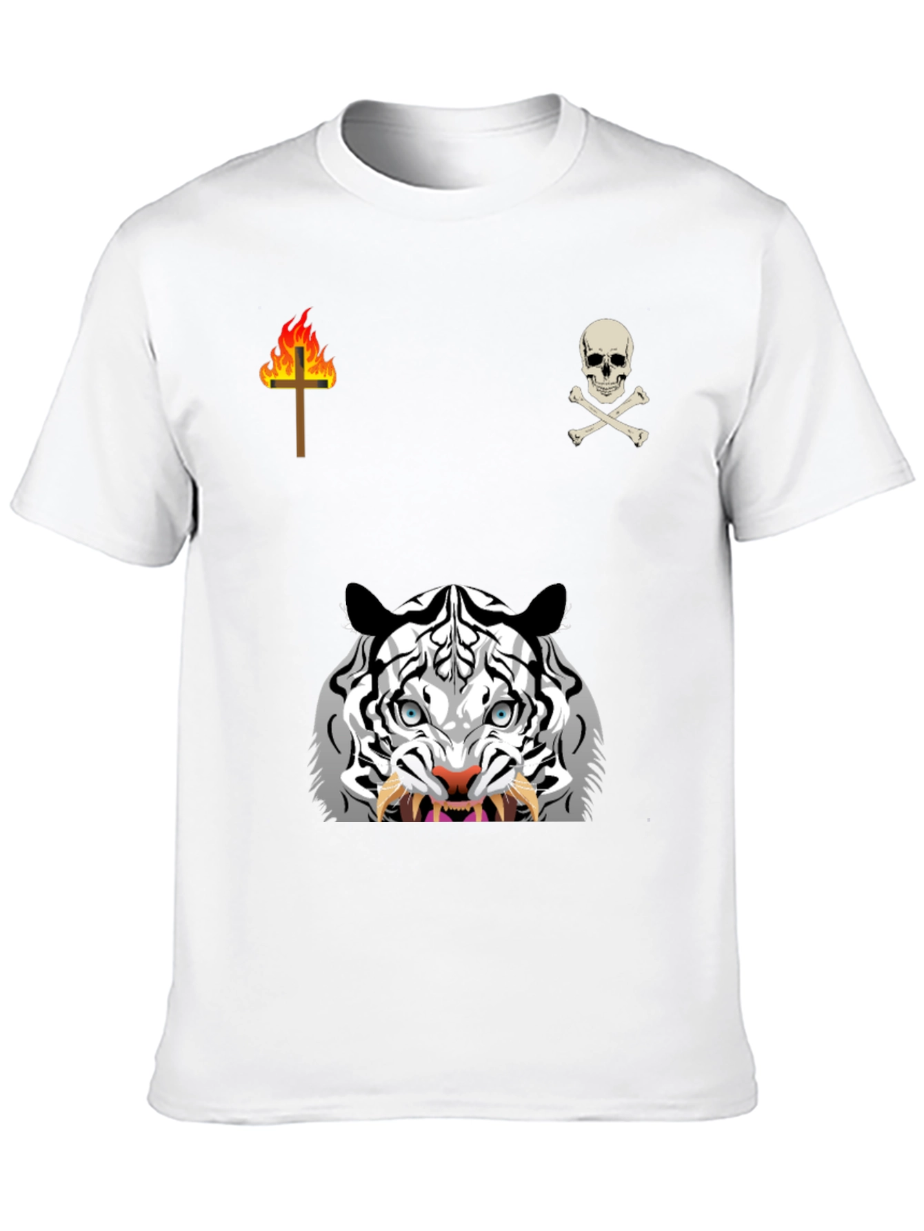 Graphic Black T-Shirt with White Tiger & Skull Design