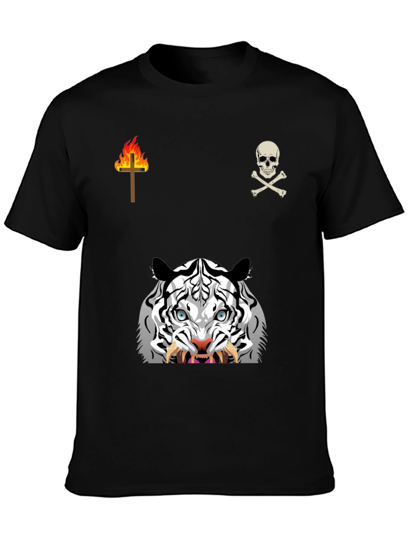 Graphic Black T-Shirt with White Tiger & Skull Design