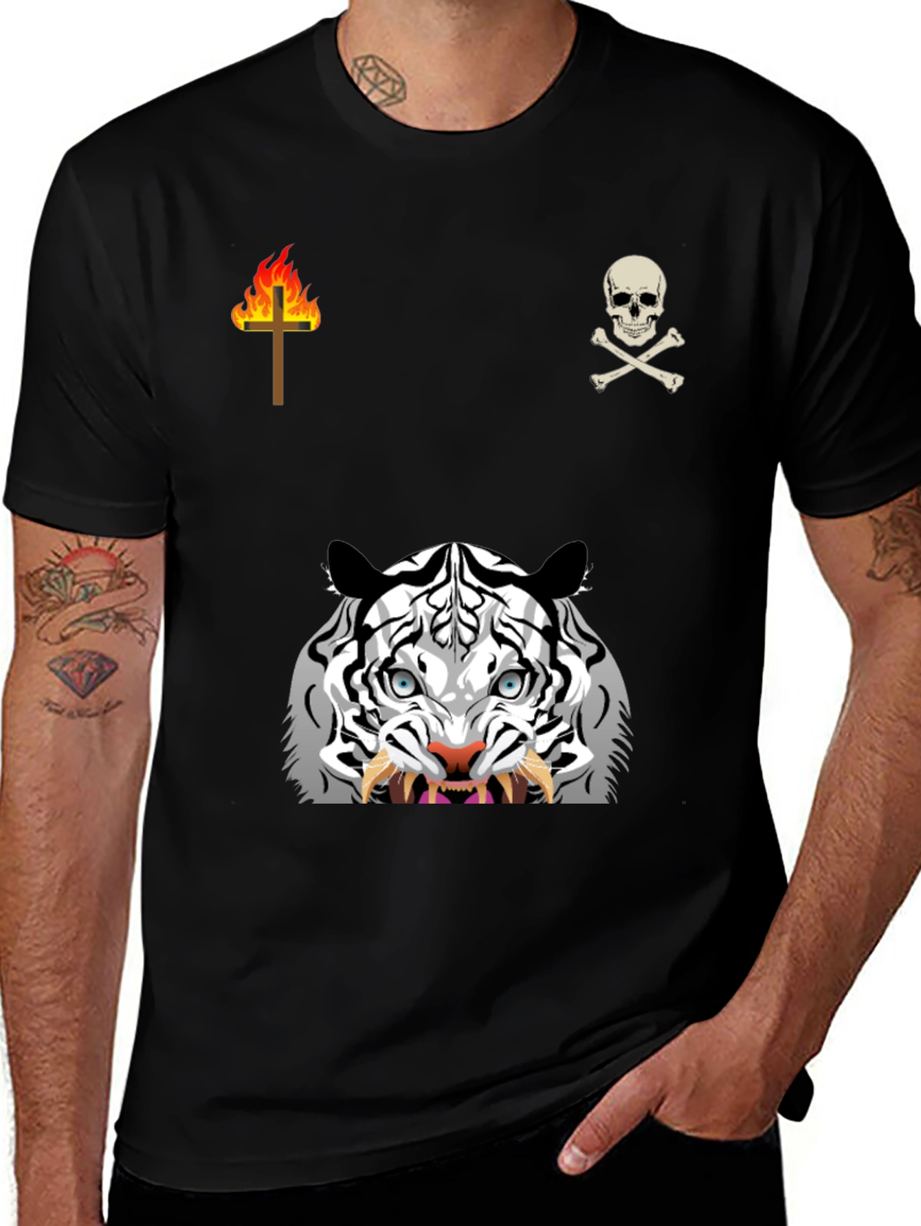 Graphic Black T-Shirt with White Tiger & Skull Design