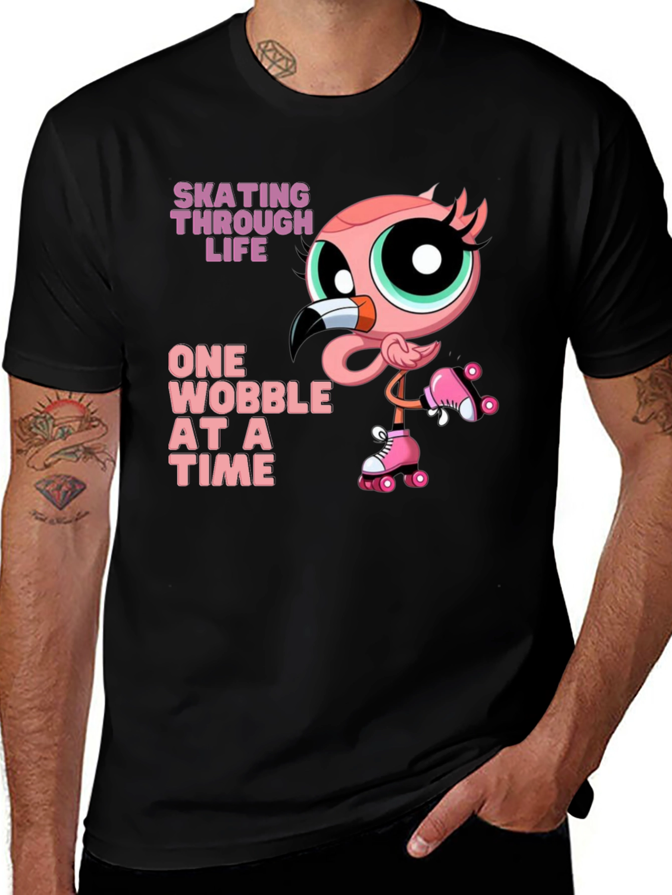 Skating Flamingo T-Shirt - One Wobble at a Time