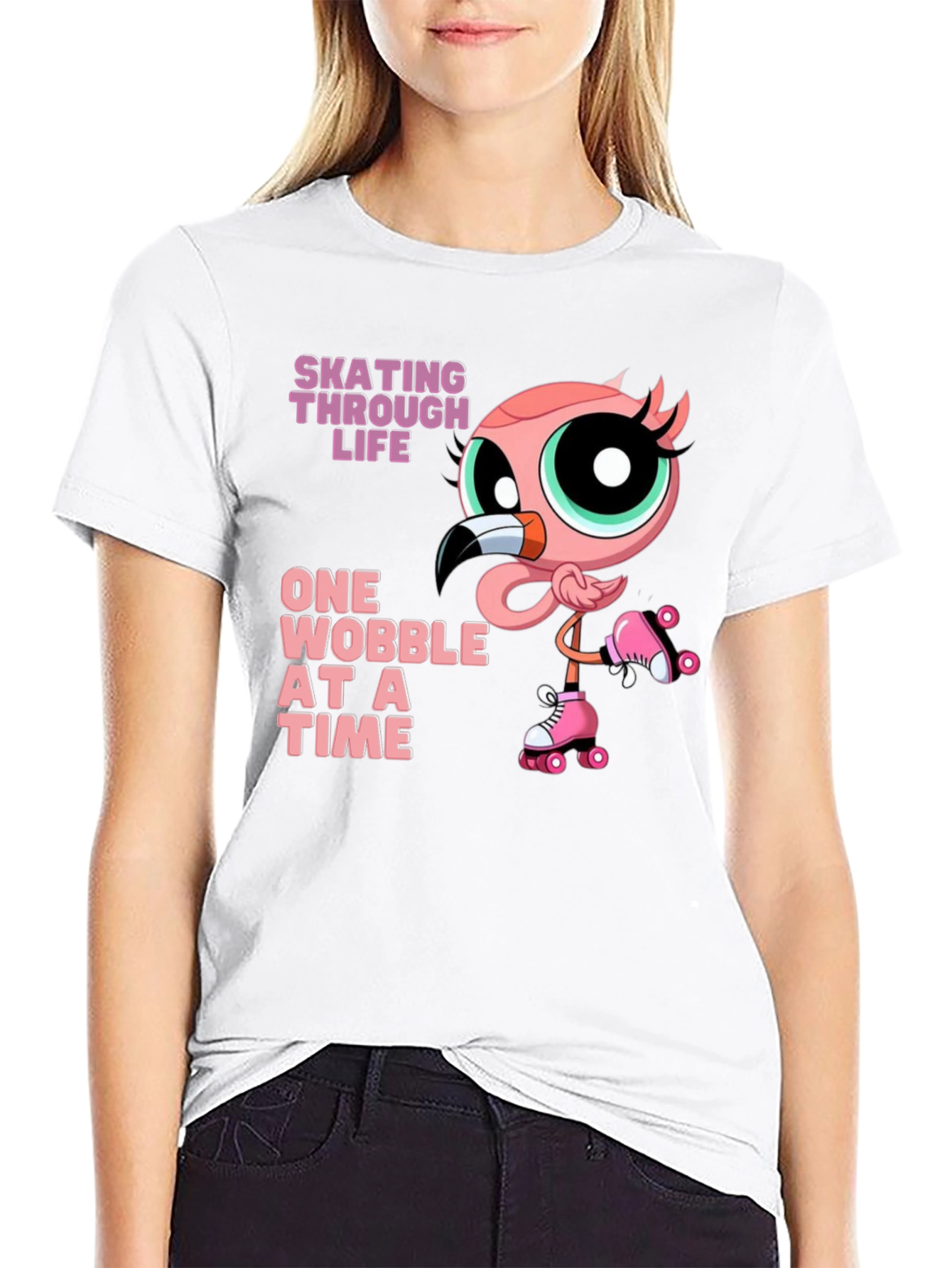 Skating Flamingo T-Shirt - One Wobble at a Time