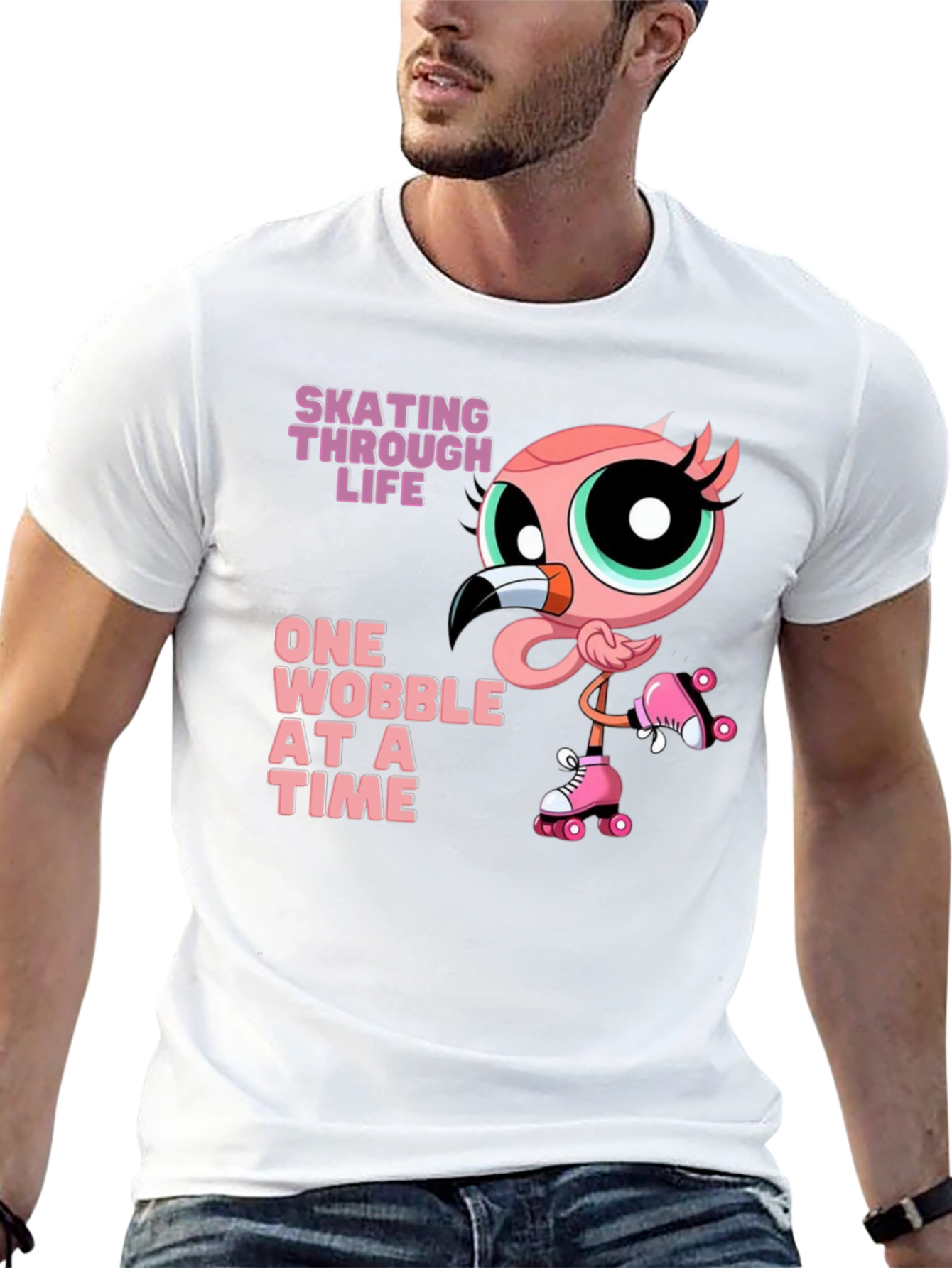 Skating Flamingo T-Shirt - One Wobble at a Time