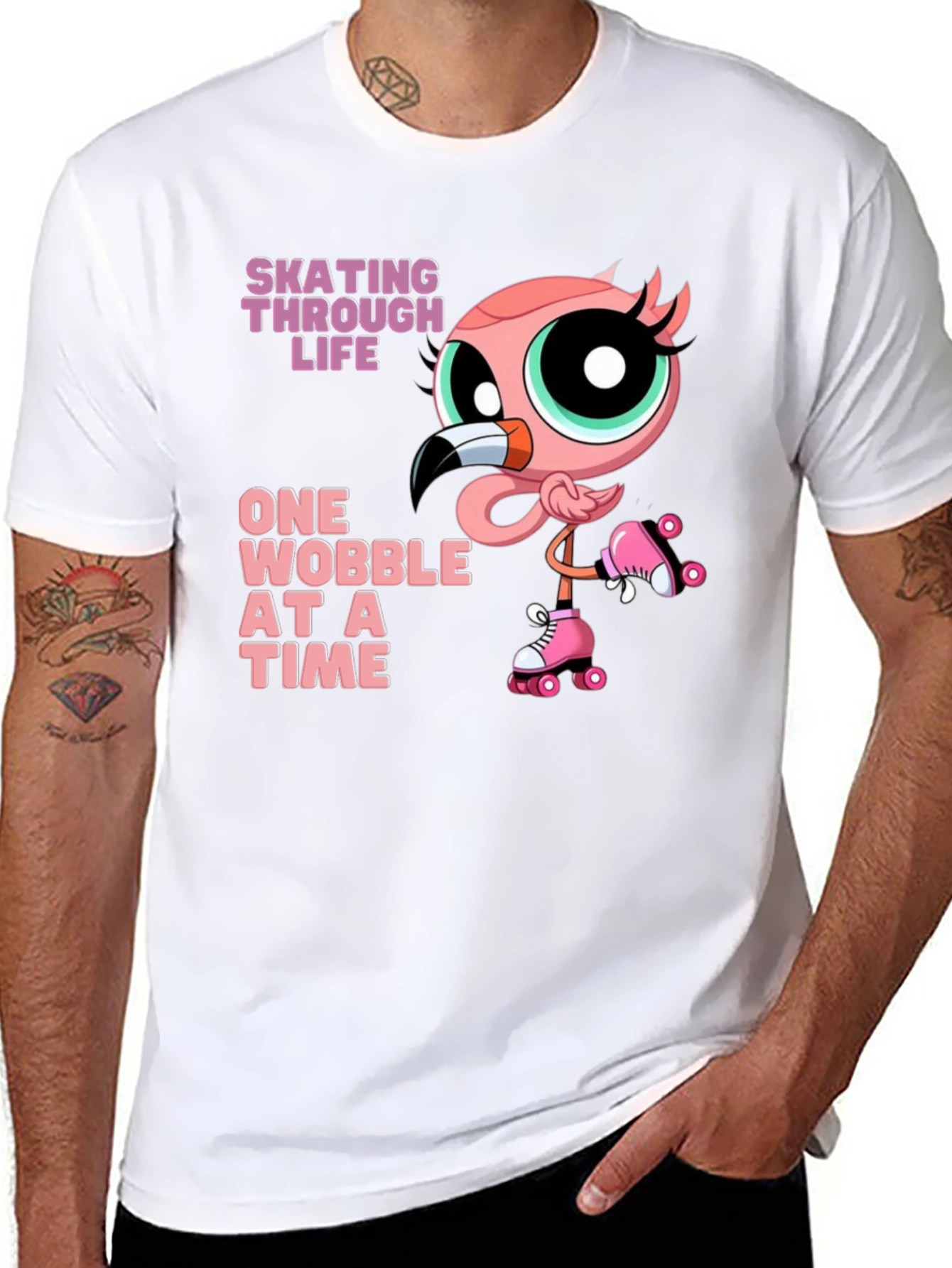 Skating Flamingo T-Shirt - One Wobble at a Time