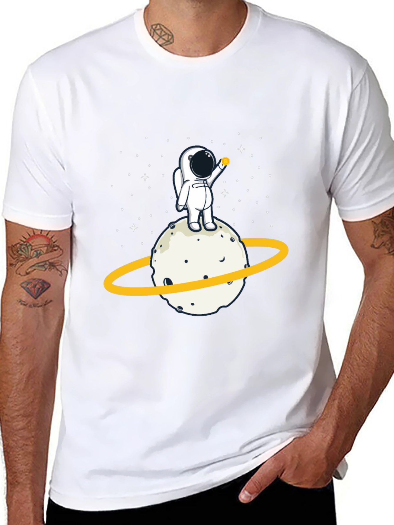 Astronaut on Planet Graphic Tee - Black Cotton T-Shirt