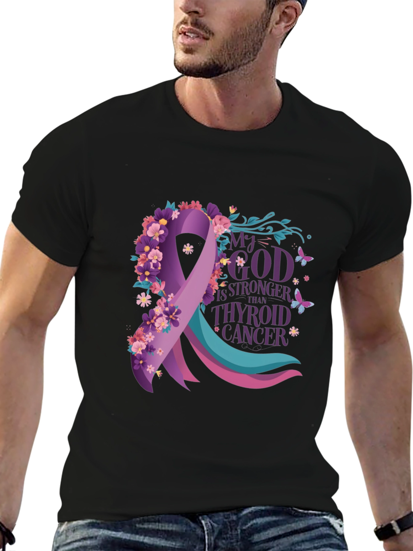Thyroid Cancer Awareness T-Shirt - Floral Ribbon Design