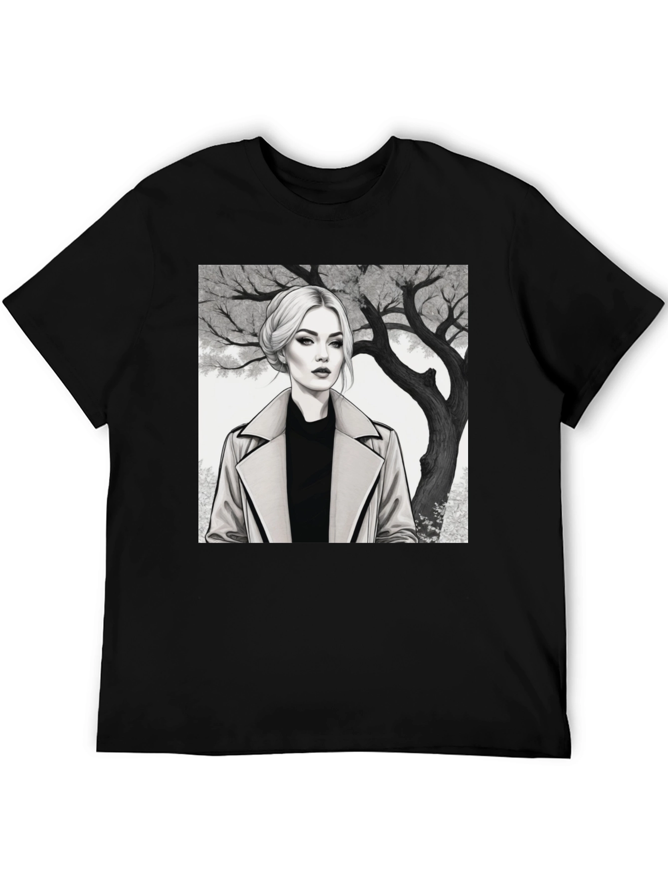 Woman in Trench Coat Graphic Tee