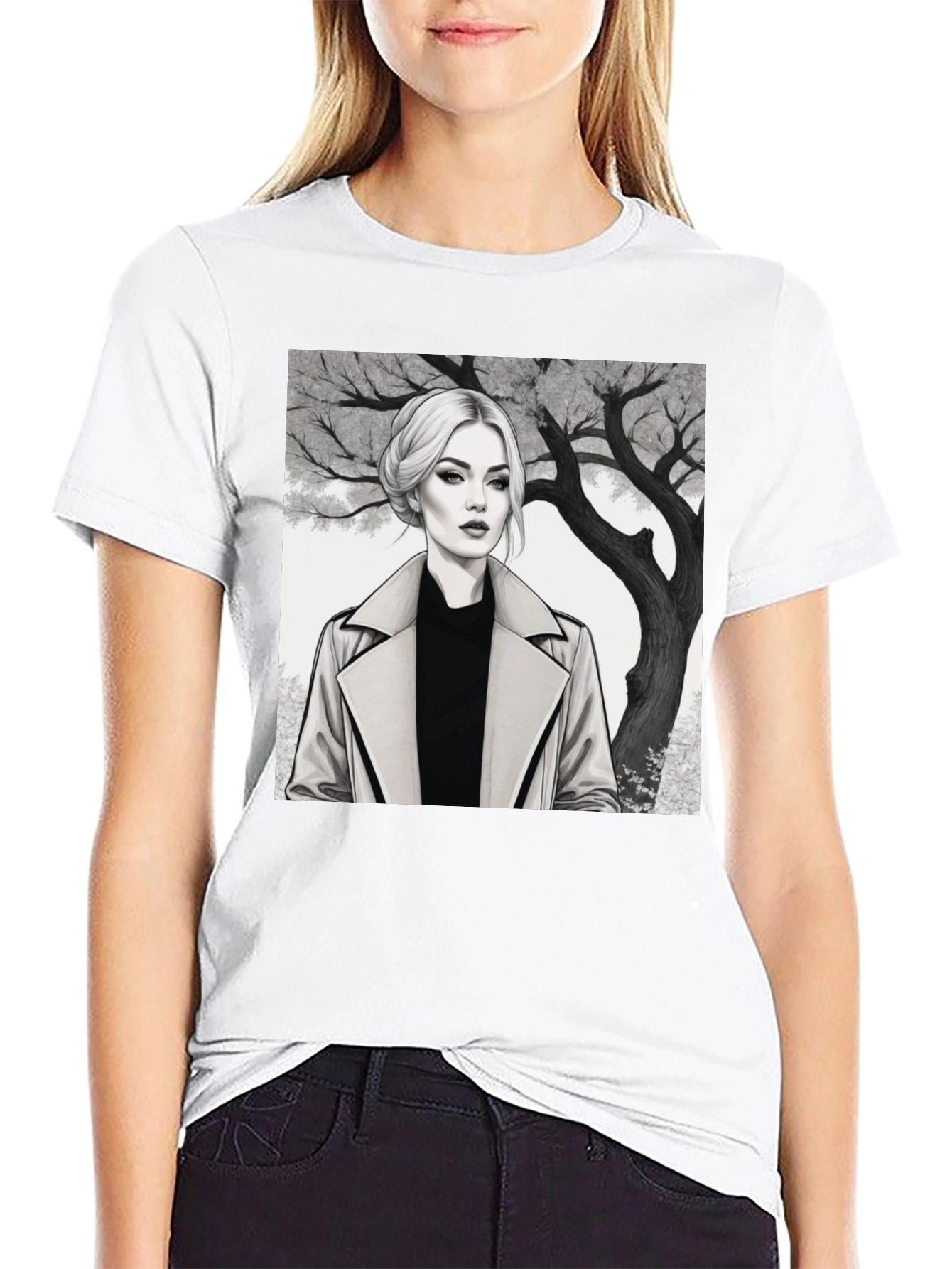Woman in Trench Coat Graphic Tee