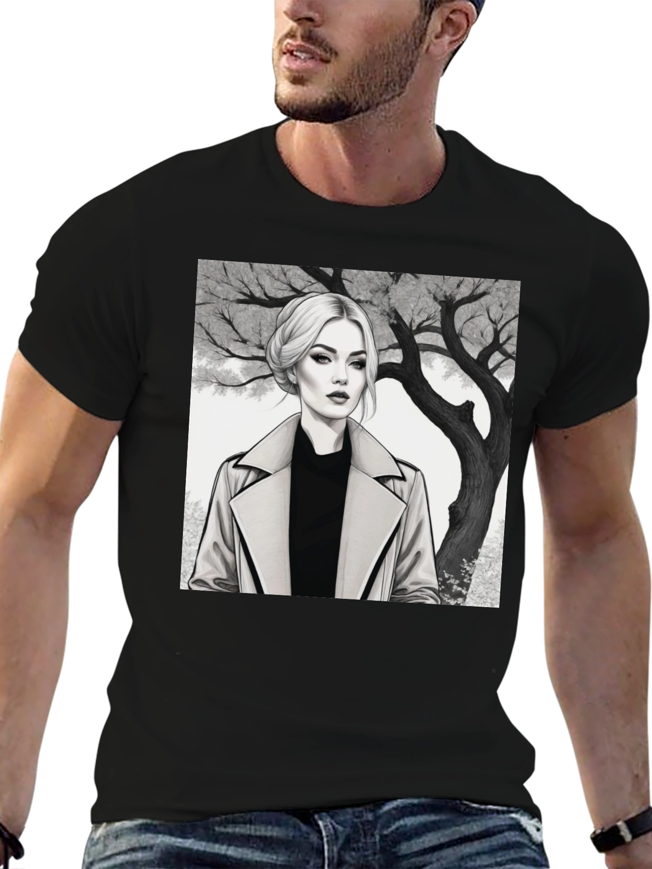Woman in Trench Coat Graphic Tee
