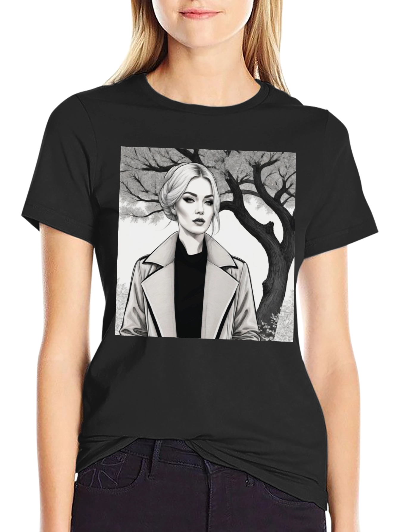 Woman in Trench Coat Graphic Tee