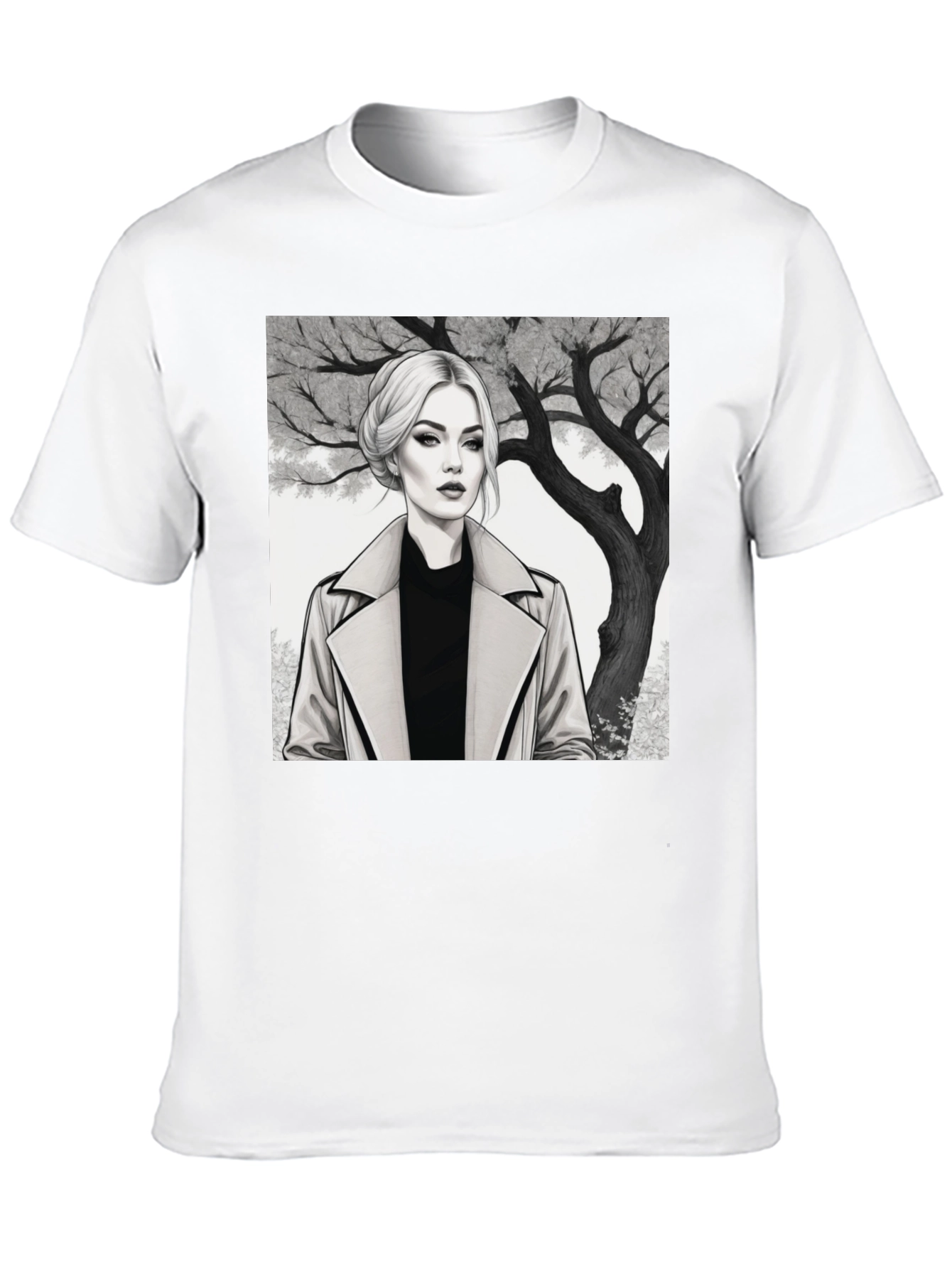 Woman in Trench Coat Graphic Tee