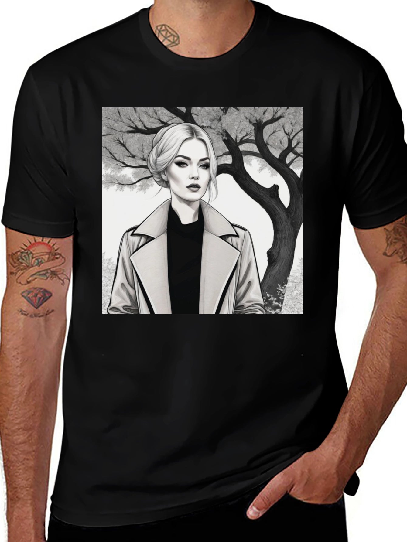 Woman in Trench Coat Graphic Tee