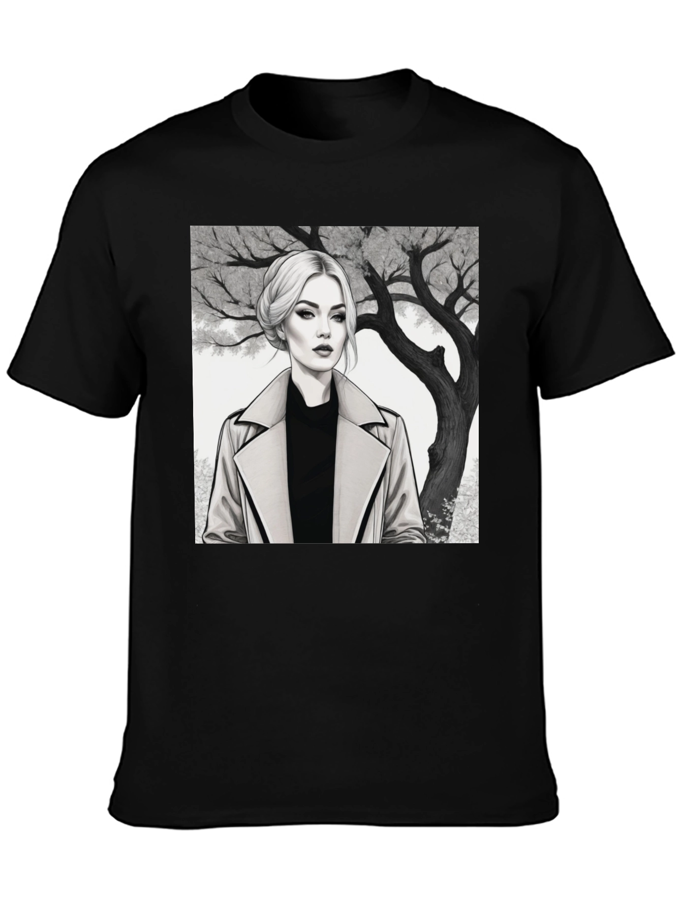 Woman in Trench Coat Graphic Tee