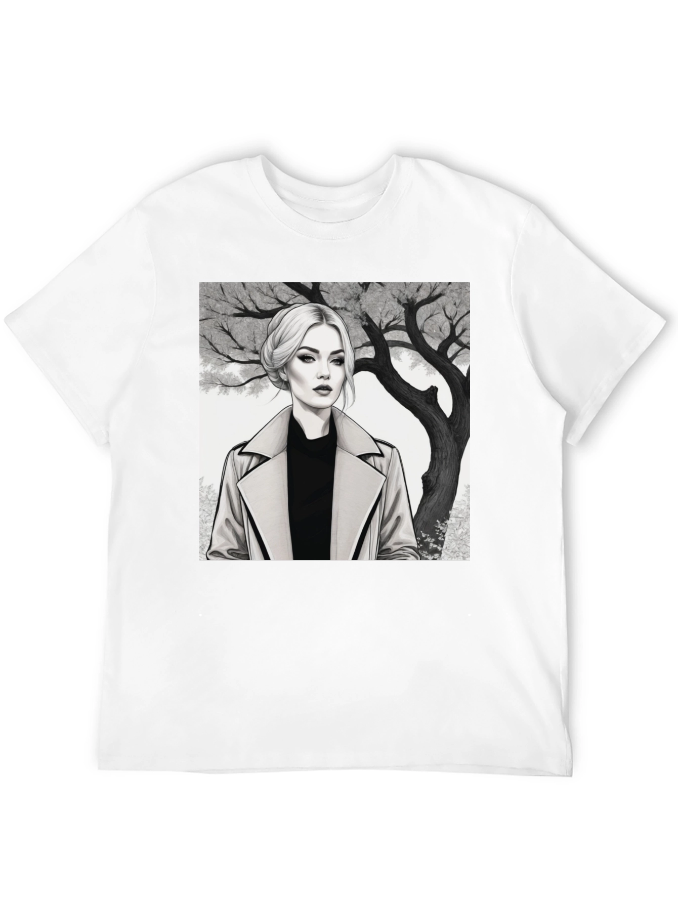 Woman in Trench Coat Graphic Tee