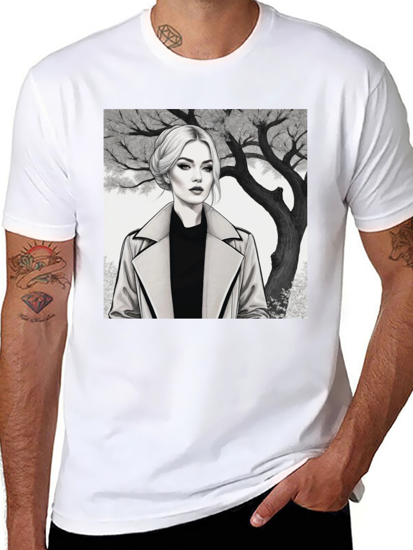 Woman in Trench Coat Graphic Tee