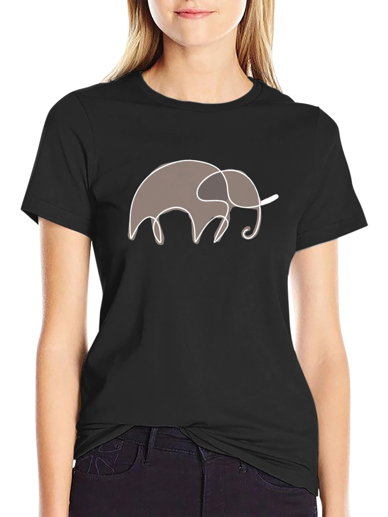 Elephant Outline Graphic Tee - Black Cotton T-Shirt