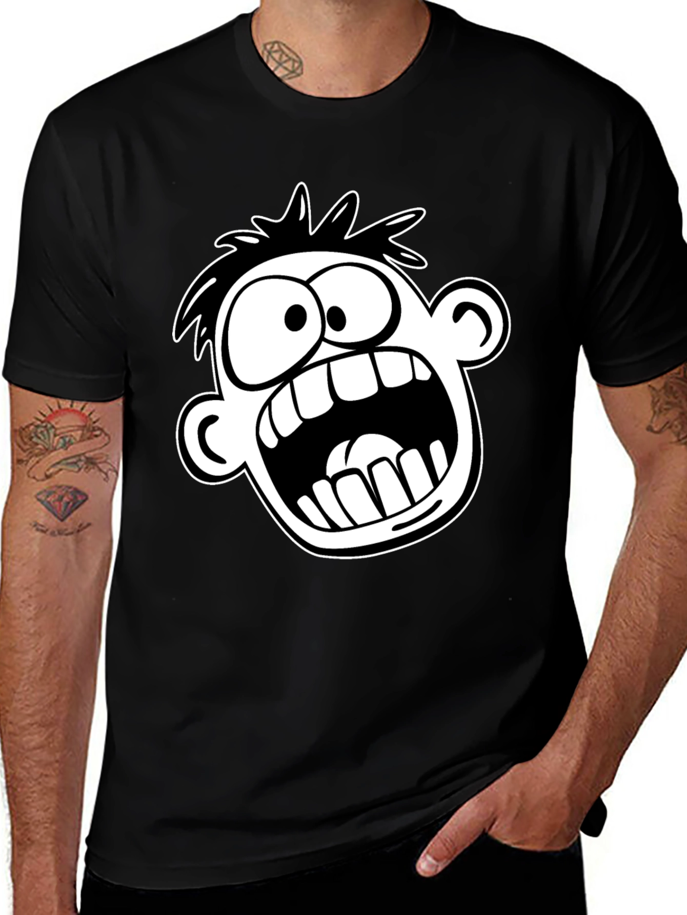 Cartoon Face Graphic T-Shirt - Bold Black Tee