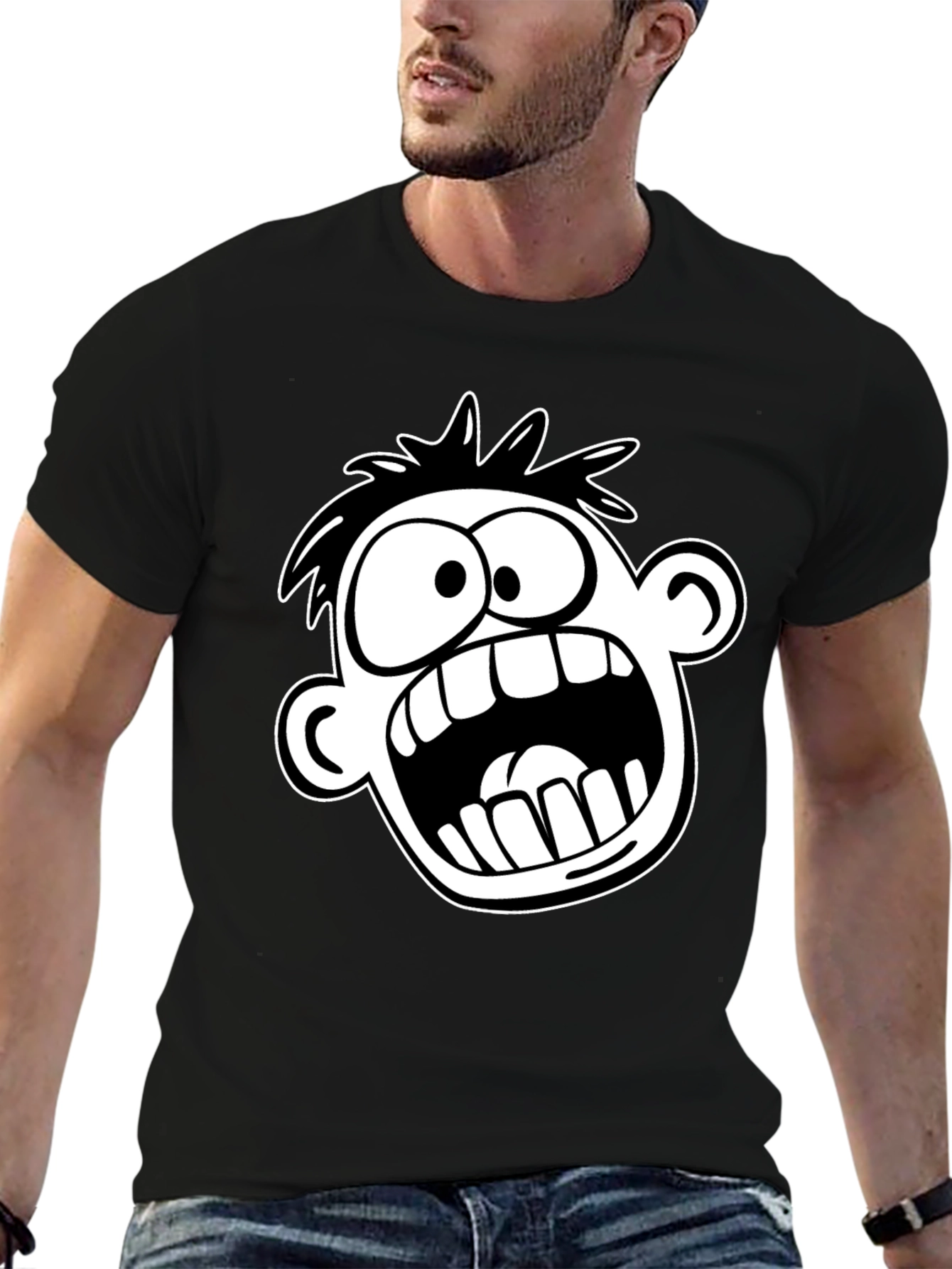 Cartoon Face Graphic T-Shirt - Bold Black Tee