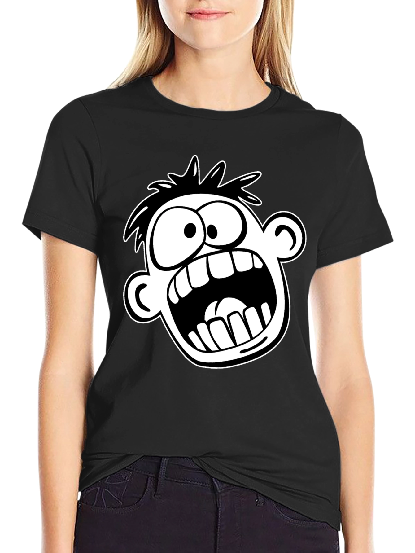 Cartoon Face Graphic T-Shirt - Bold Black Tee