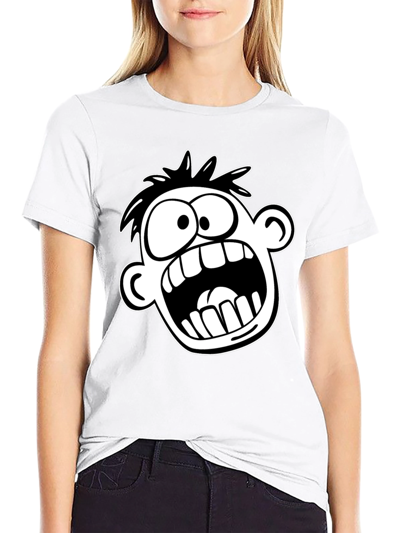 Cartoon Face Graphic T-Shirt - Bold Black Tee