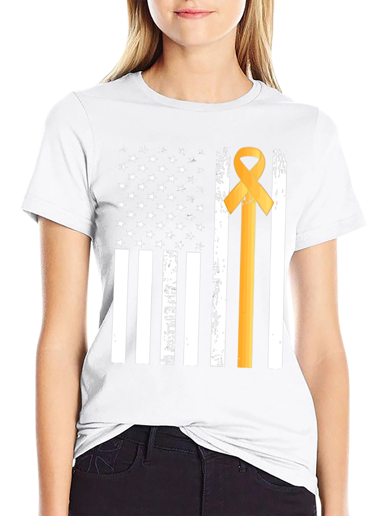 Gold Ribbon American Flag Graphic T-Shirt