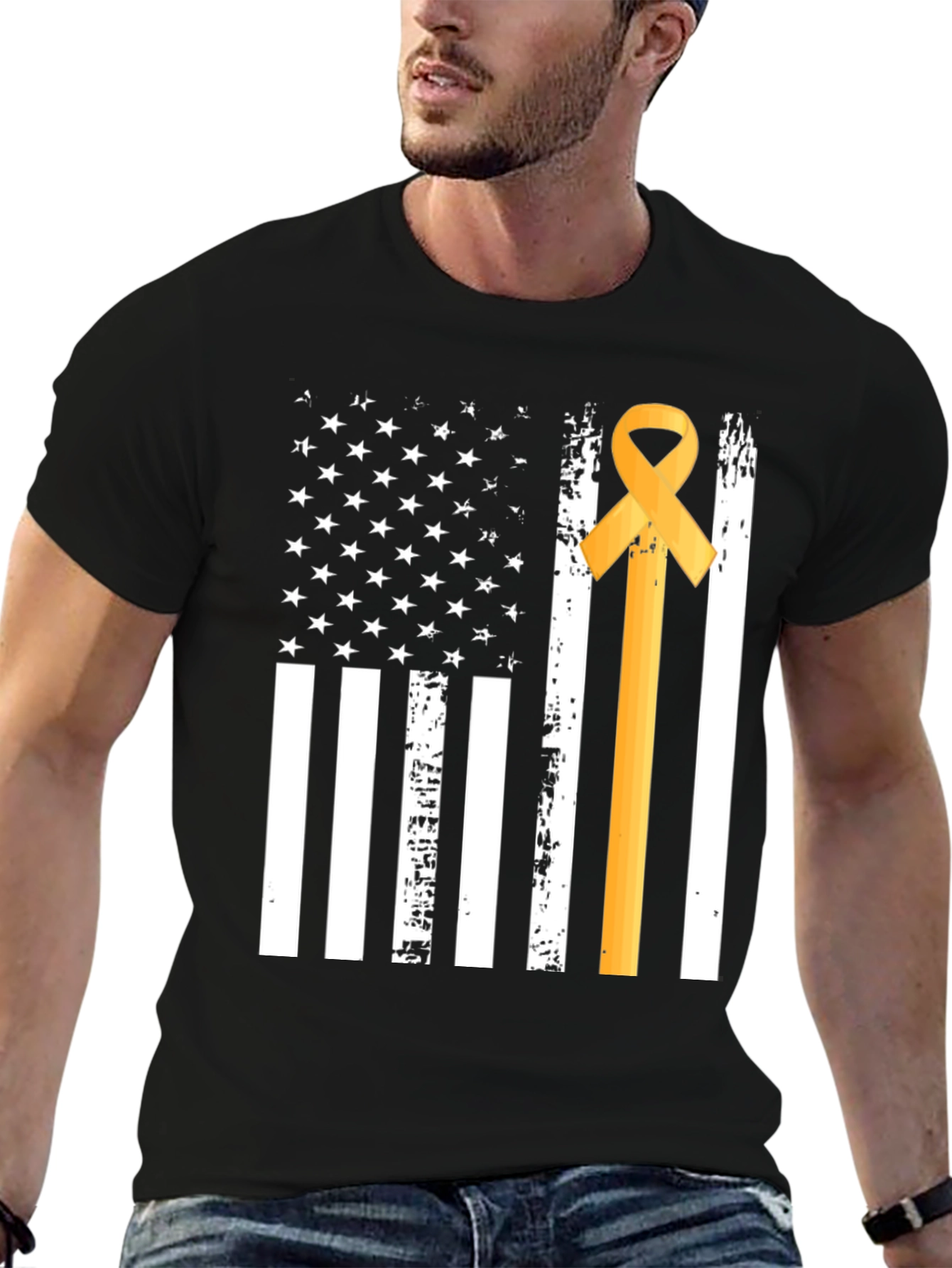 Gold Ribbon American Flag Graphic T-Shirt