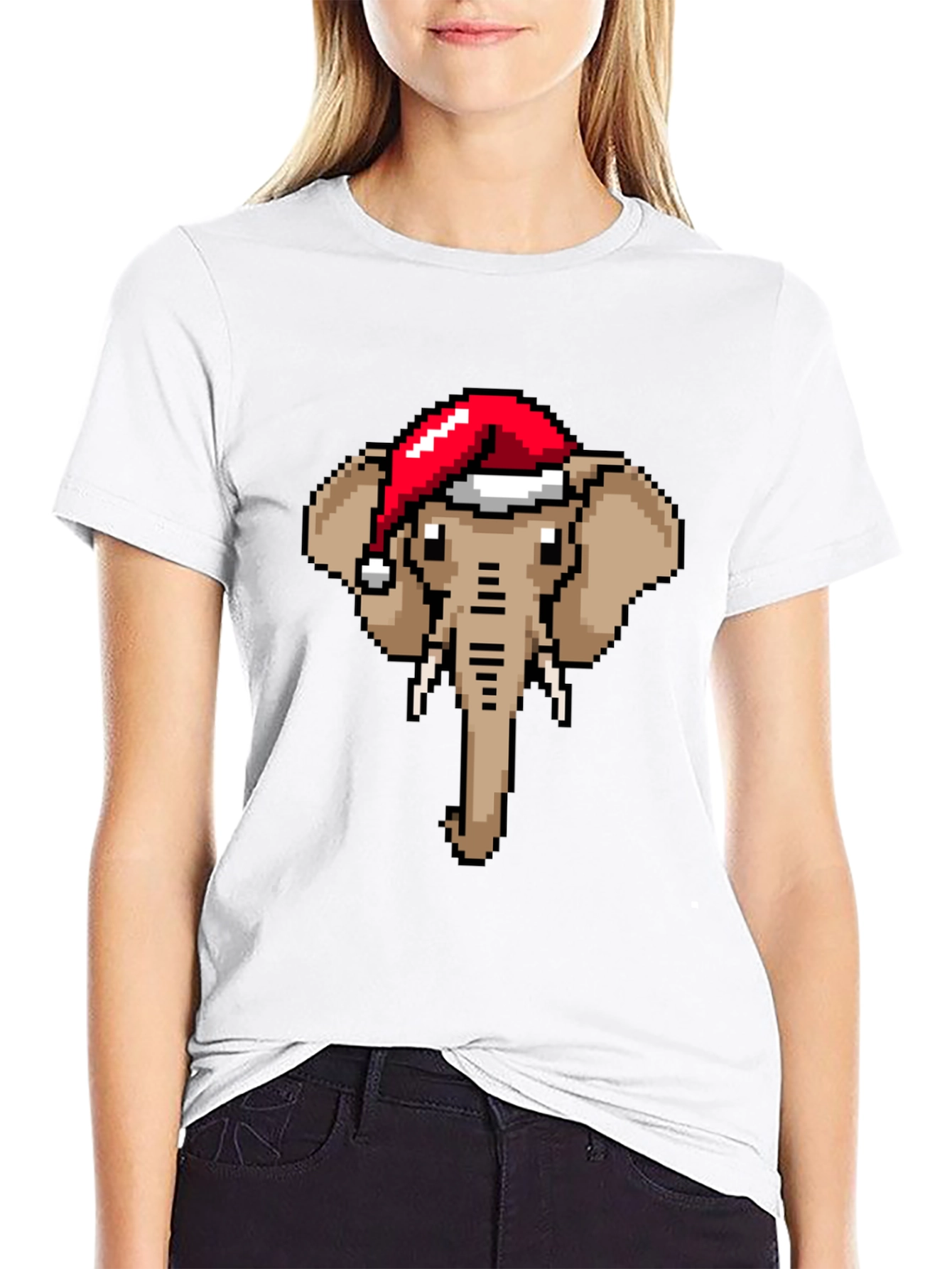 Pixelated Elephant Santa Hat Graphic Tee