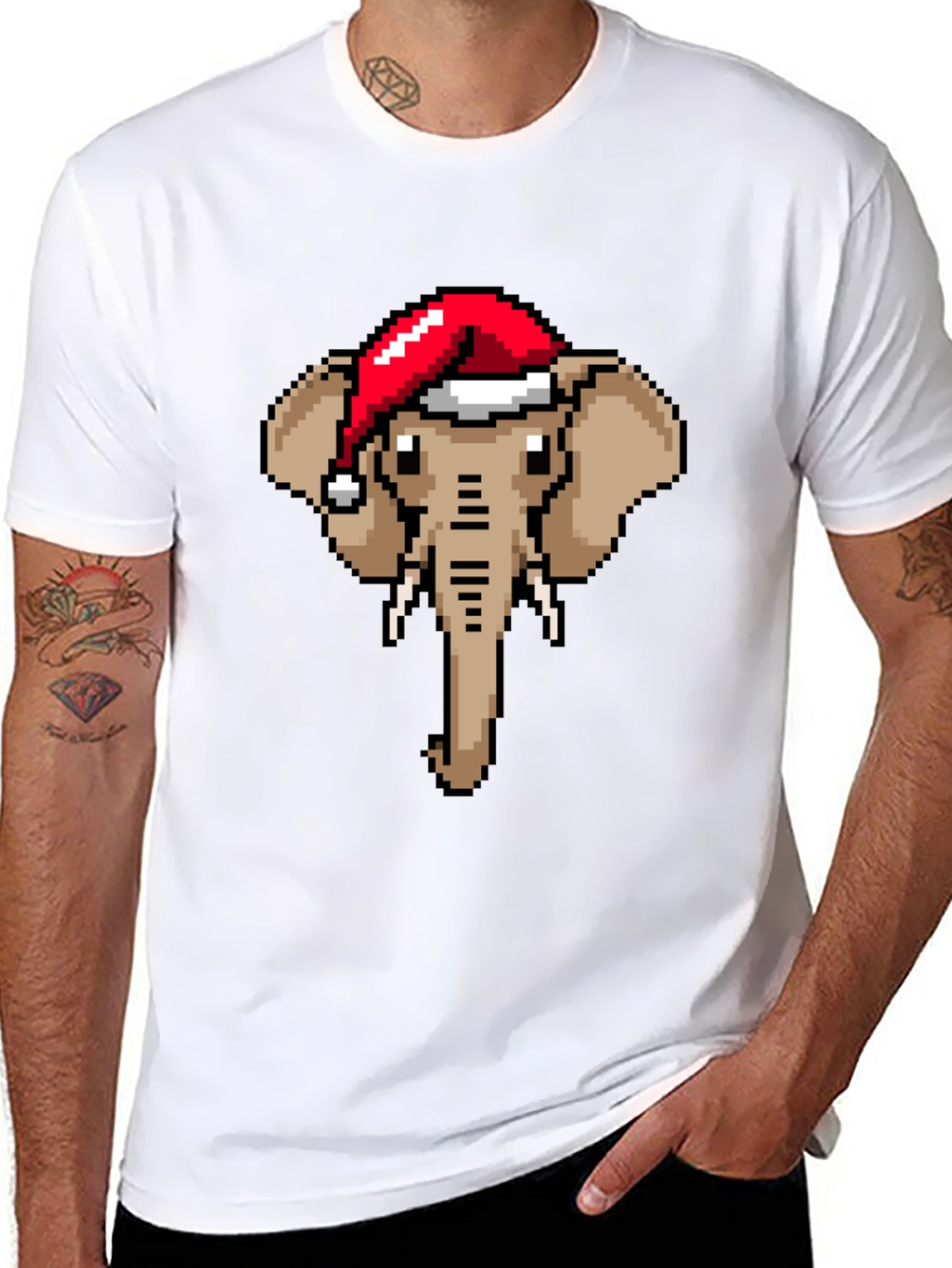 Pixelated Elephant Santa Hat Graphic Tee