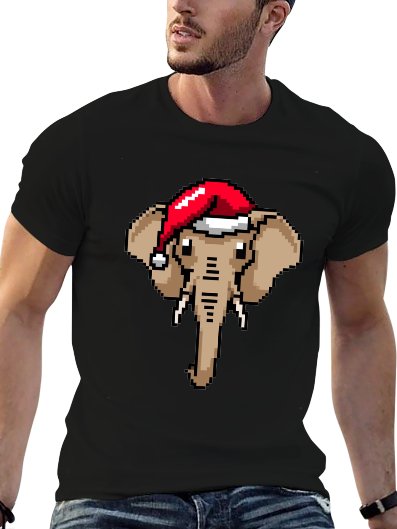 Pixelated Elephant Santa Hat Graphic Tee