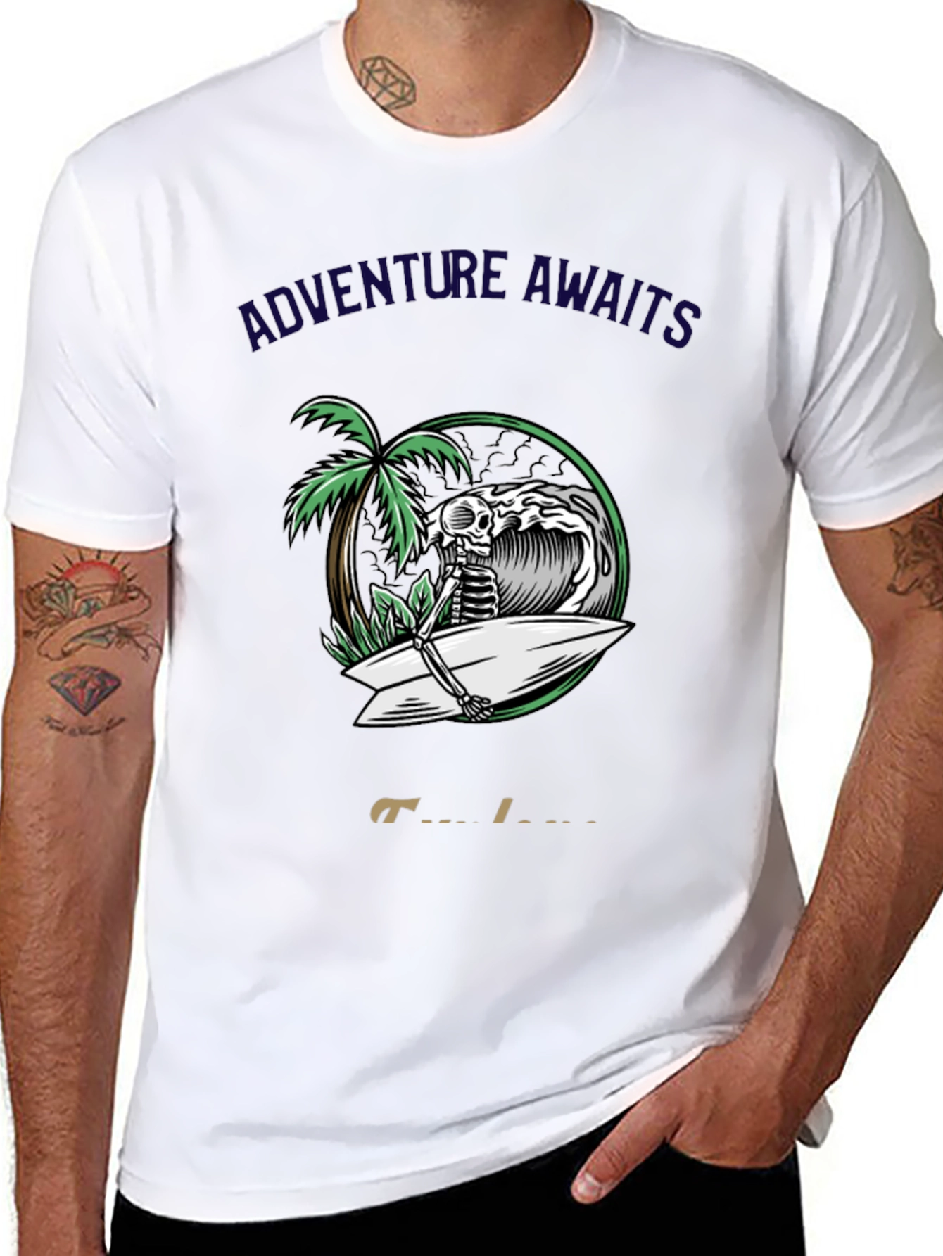 Adventure Awaits Skeleton Surfer Graphic Tee