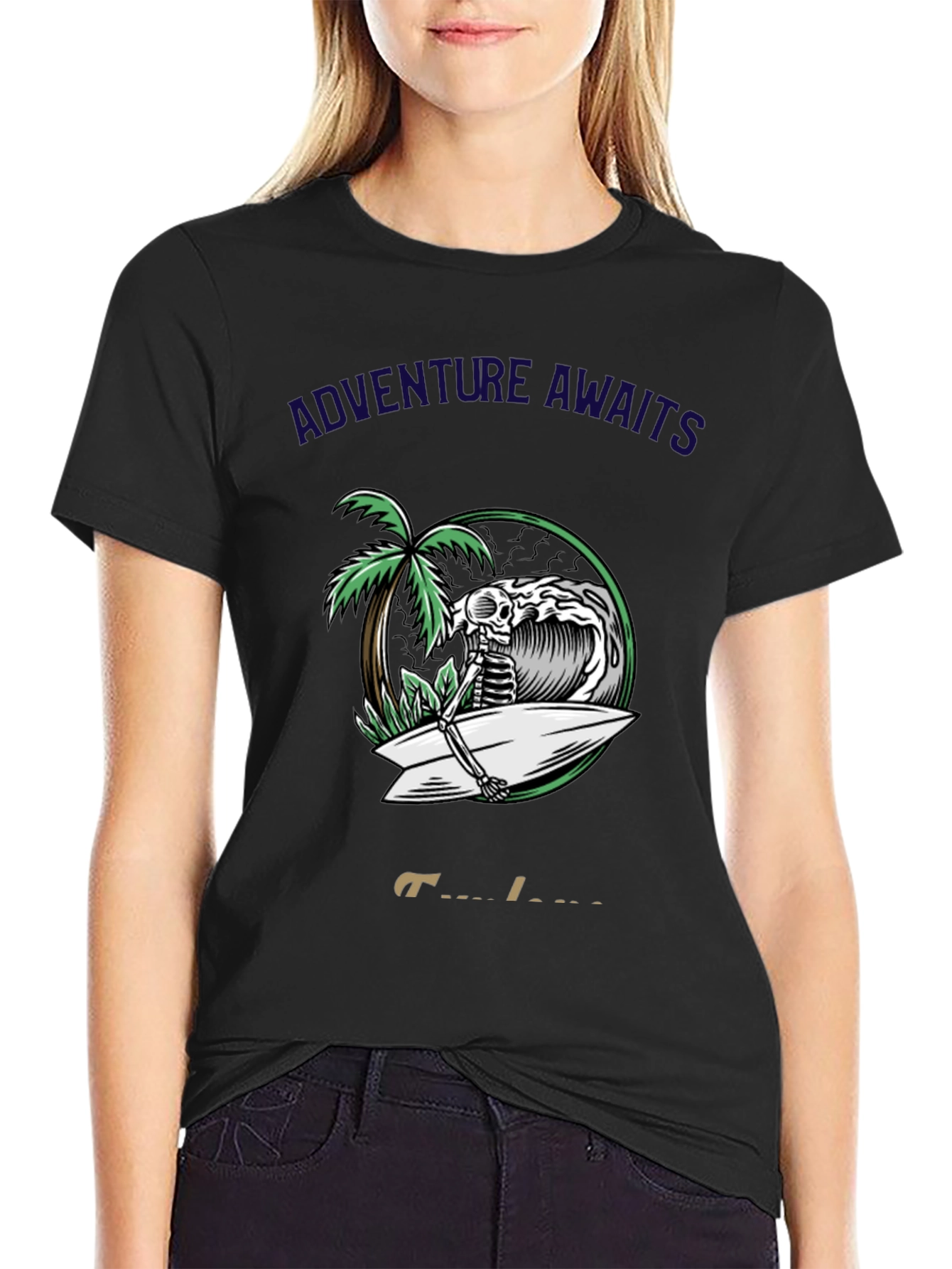 Adventure Awaits Skeleton Surfer Graphic Tee