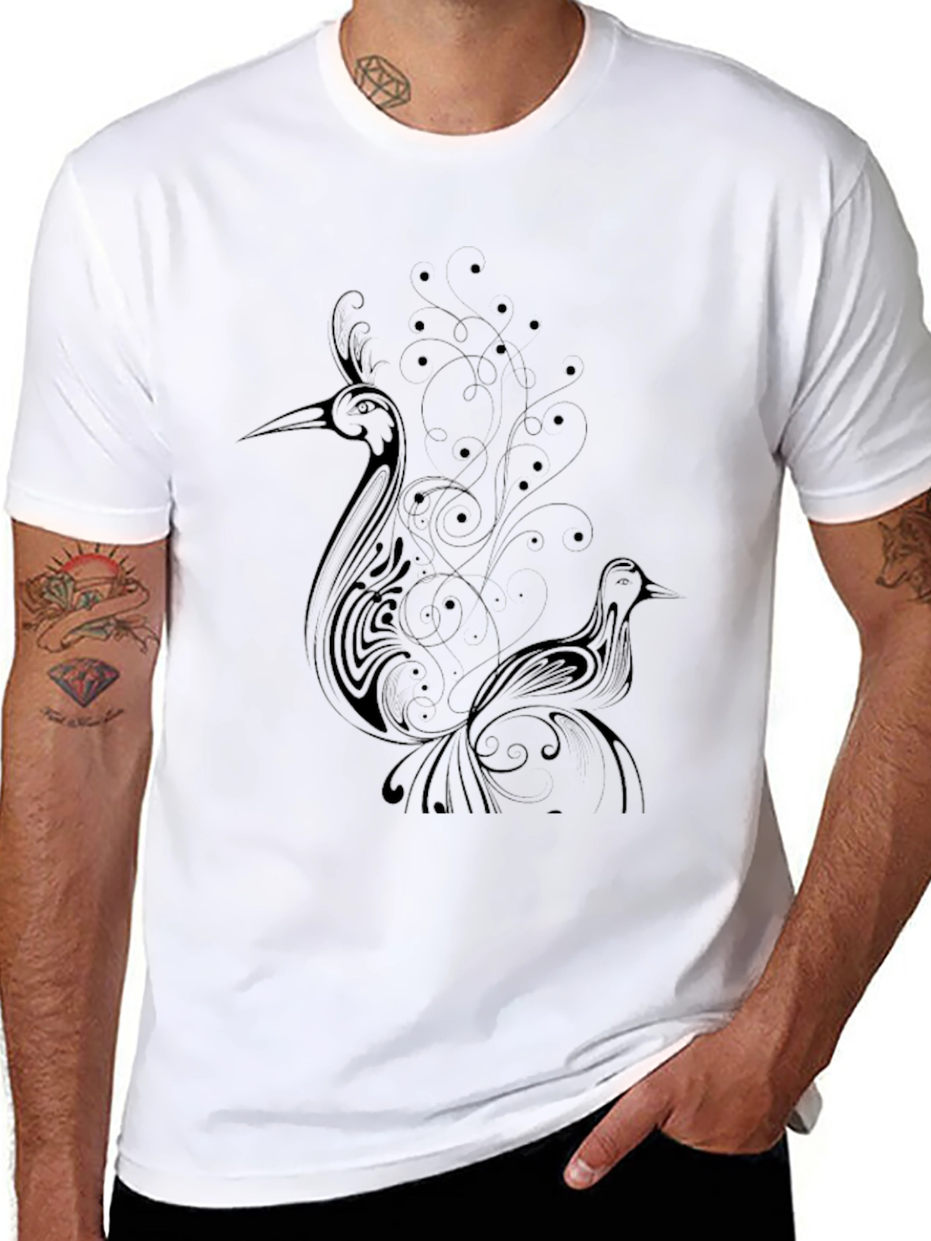 Elegant Black T-Shirt with Bird Design