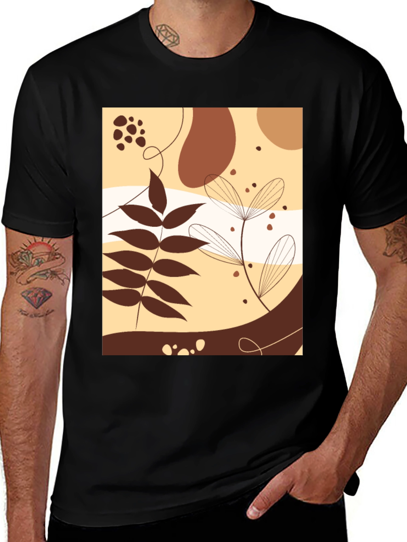Abstract Botanical Graphic Black T-Shirt