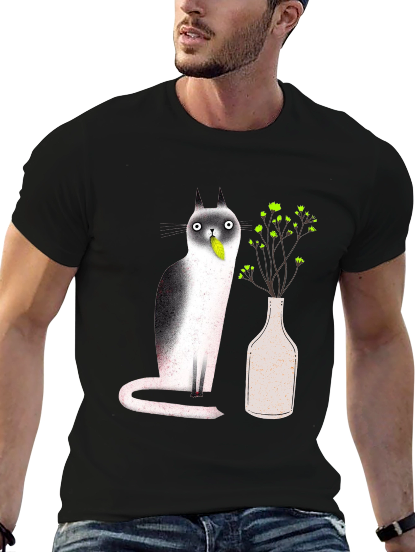 Cat & Plant Graphic Black T-Shirt