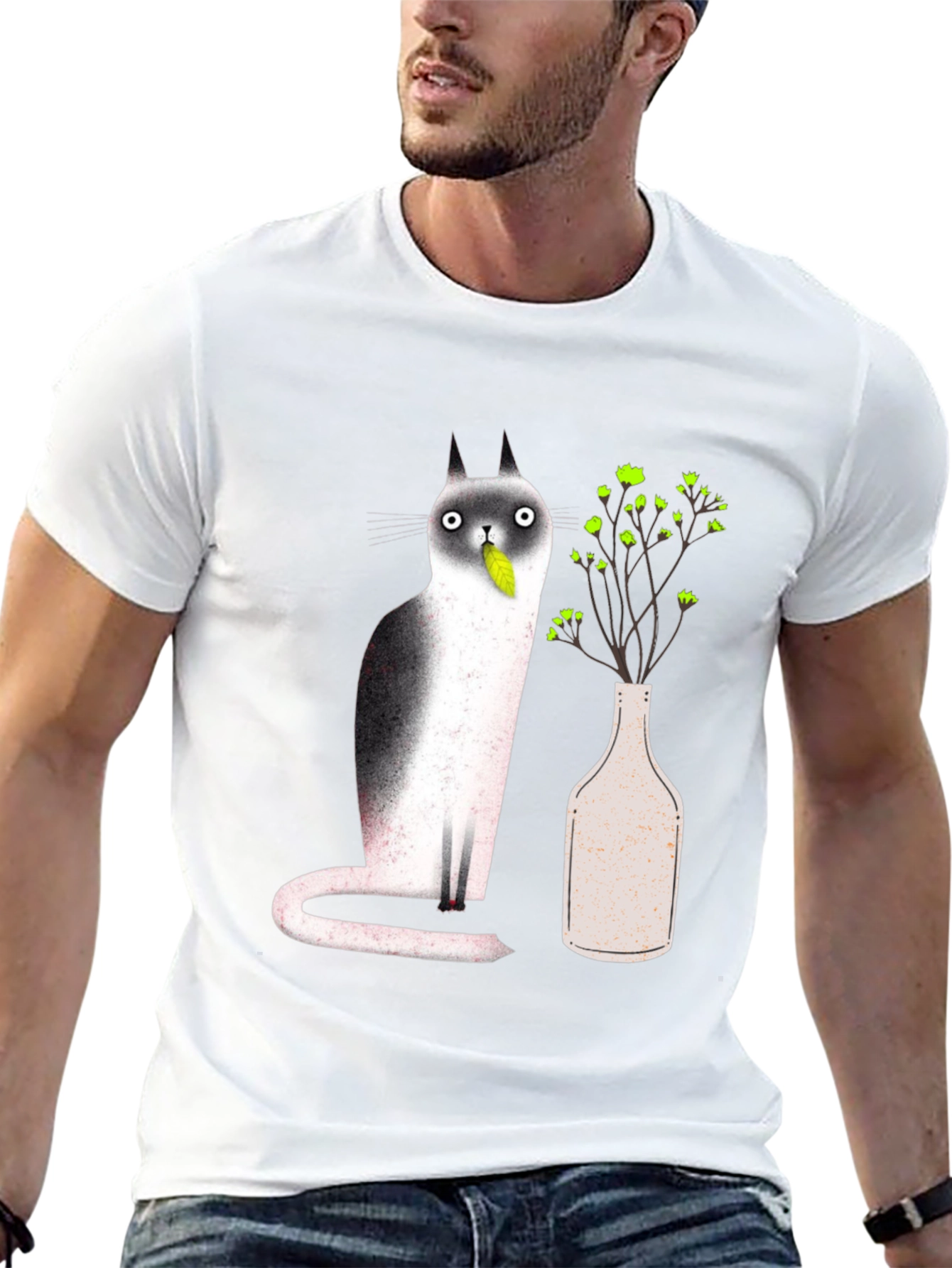 Cat & Plant Graphic Black T-Shirt