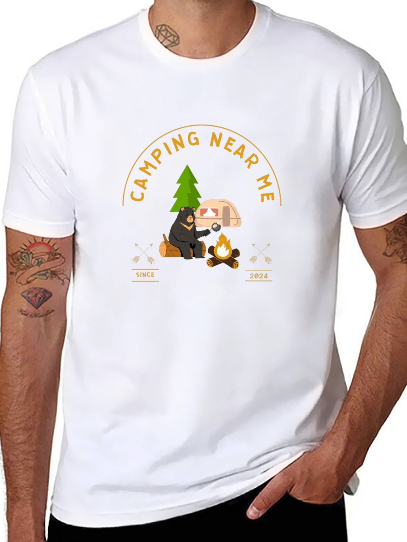 Camping Near Me T-Shirt - Bear by Campfire Design