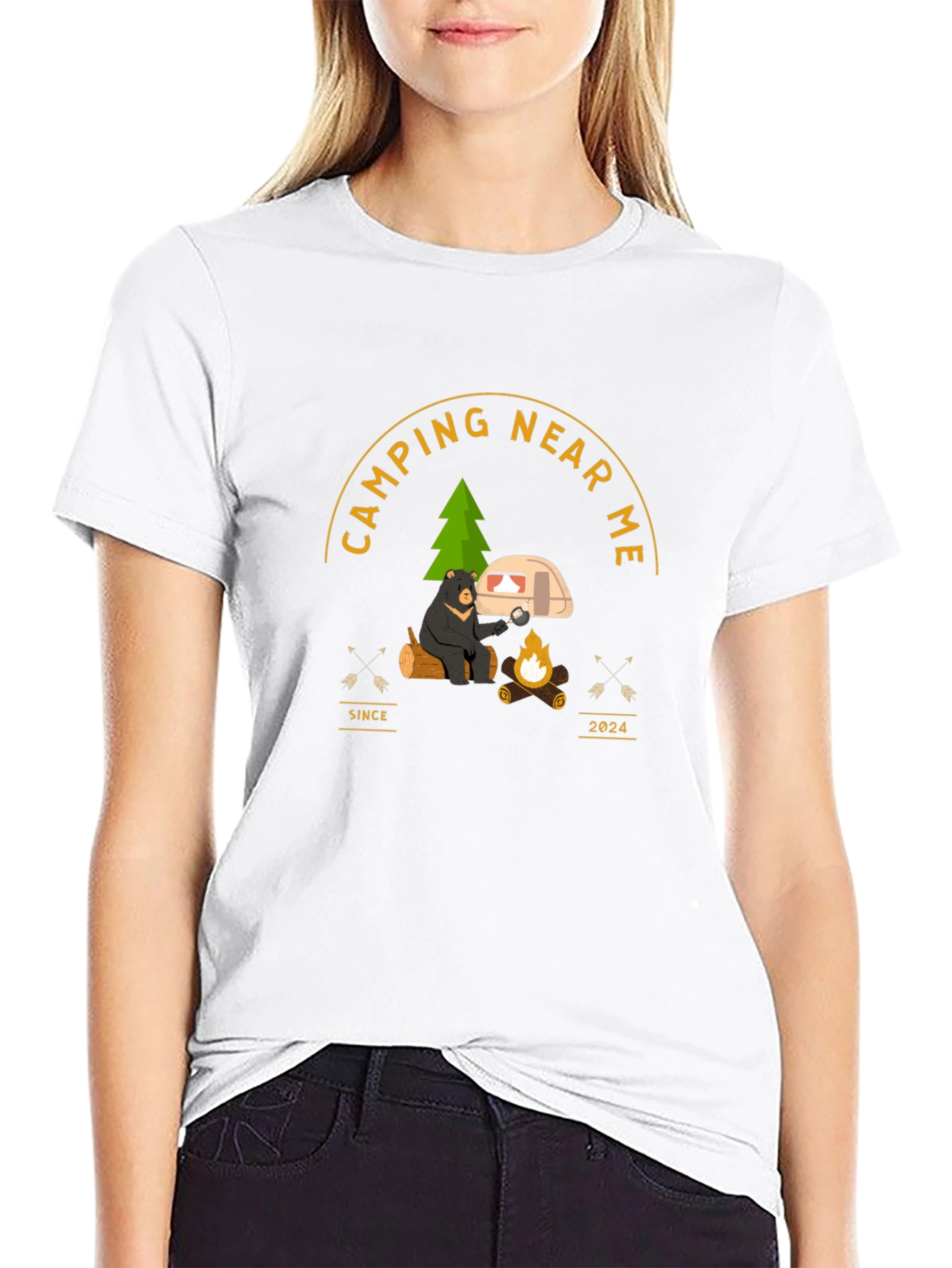 Camping Near Me T-Shirt - Bear by Campfire Design