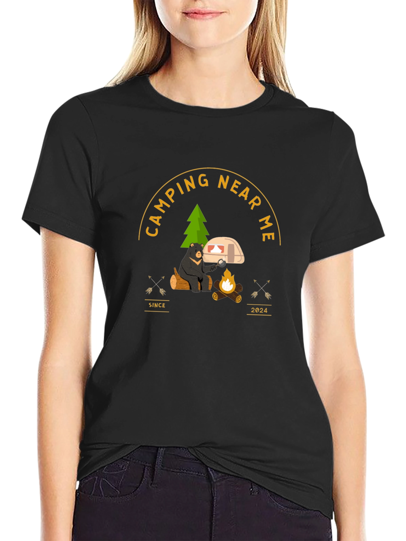 Camping Near Me T-Shirt - Bear by Campfire Design