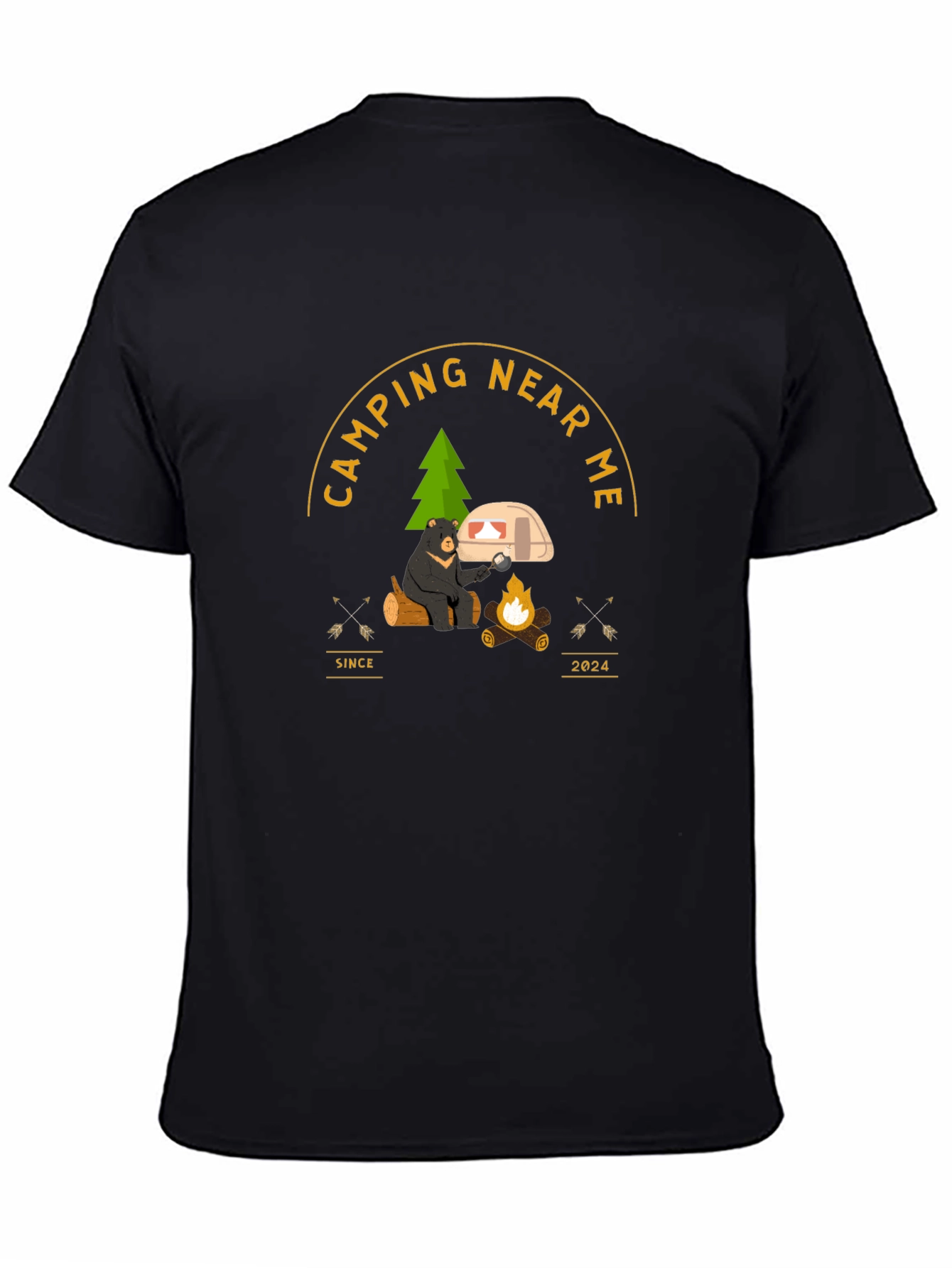 Camping Near Me T-Shirt - Bear by Campfire Design
