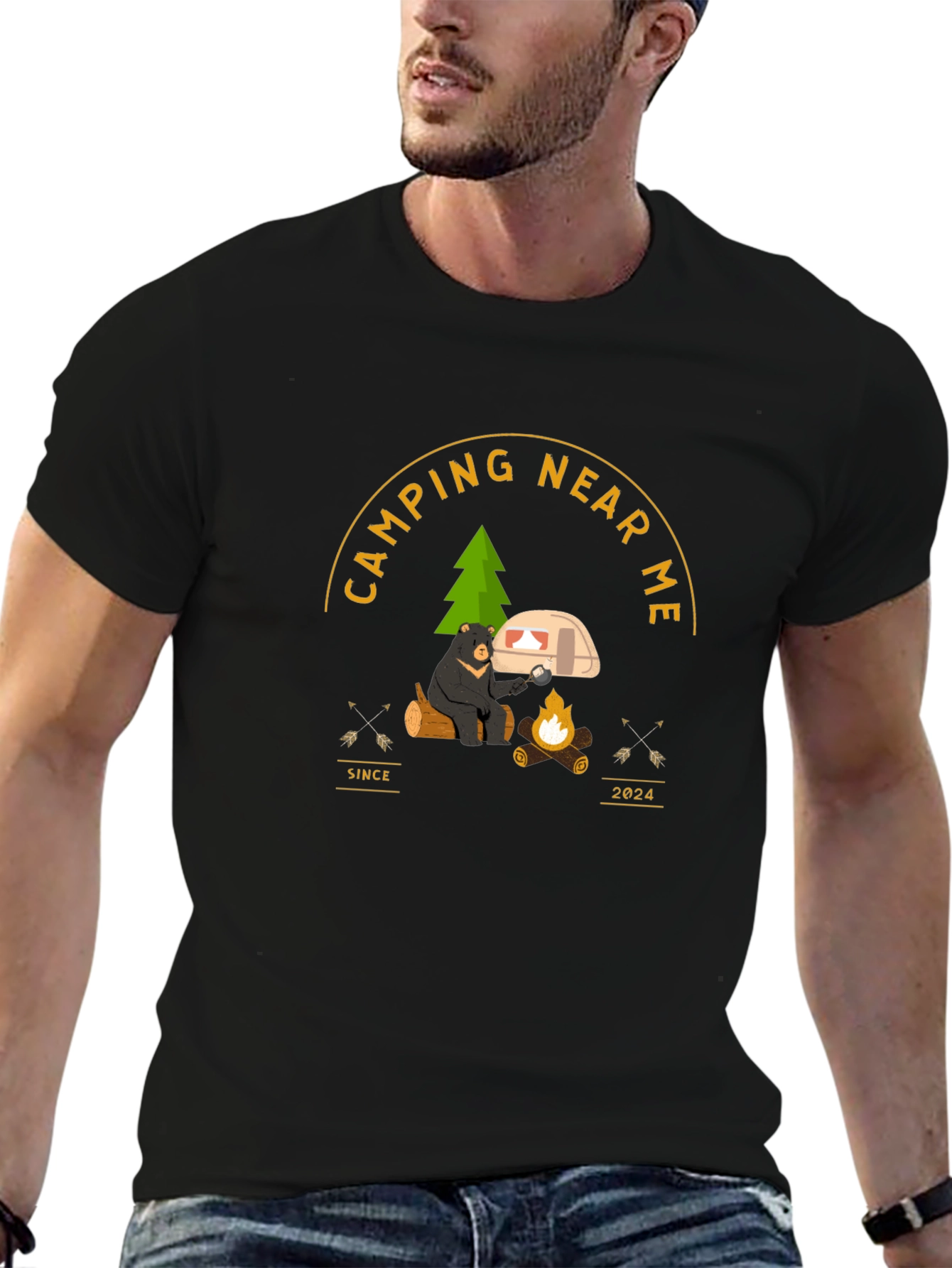 Camping Near Me T-Shirt - Bear by Campfire Design