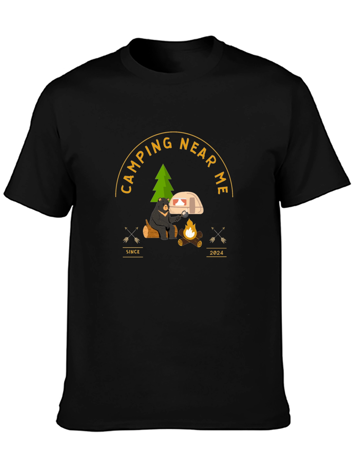 Camping Near Me T-Shirt - Bear by Campfire Design