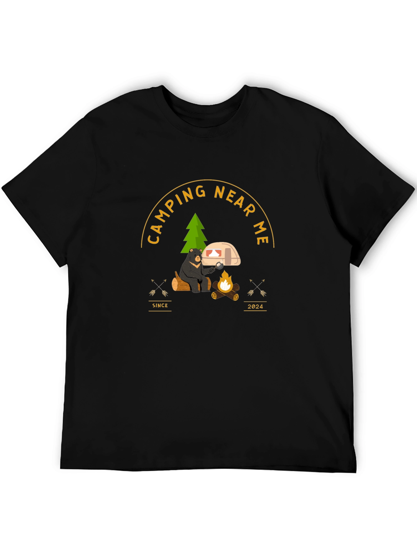 Camping Near Me T-Shirt - Bear by Campfire Design