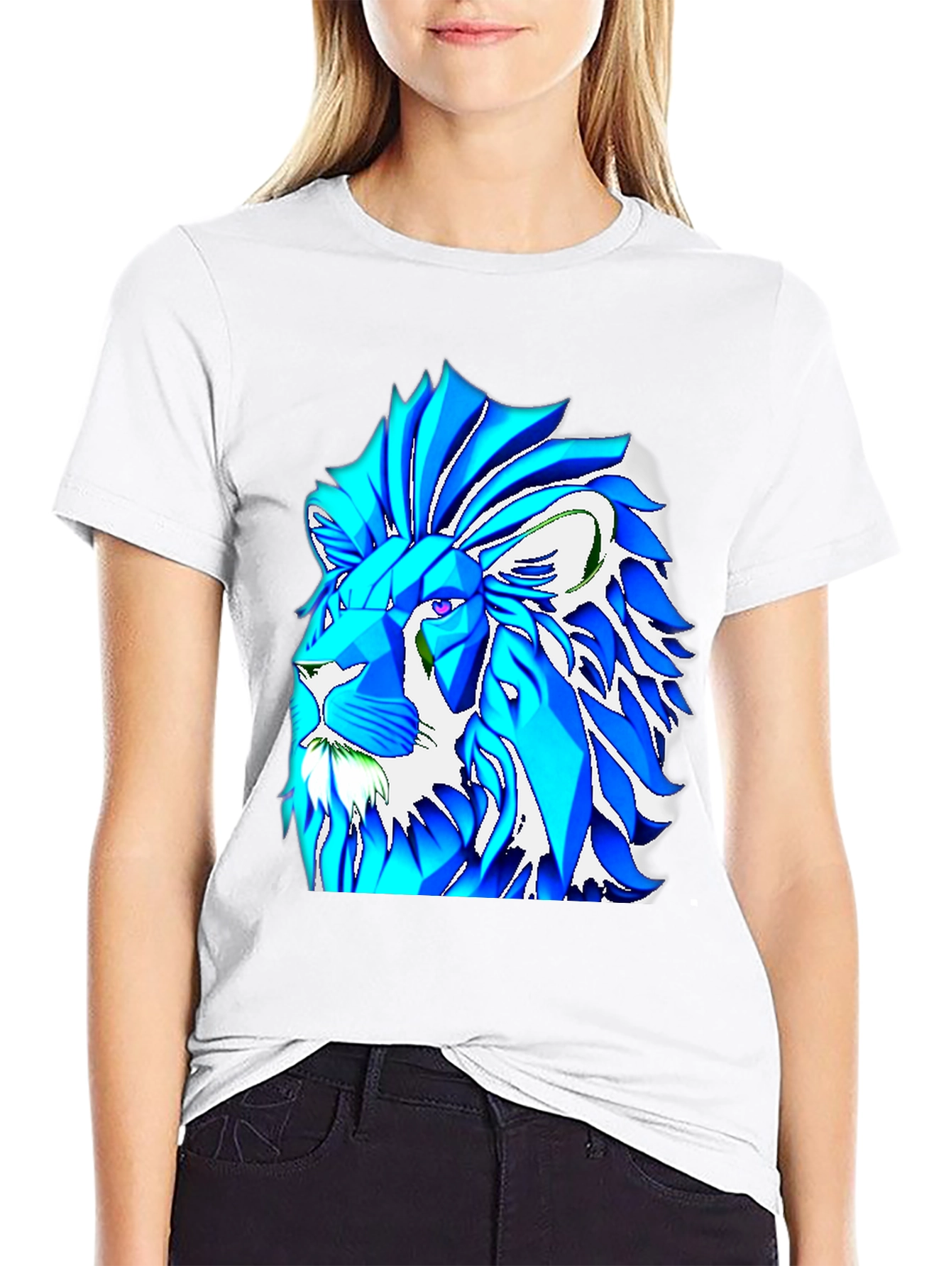 Geometric Lion Graphic T-Shirt - Bold Blue Design