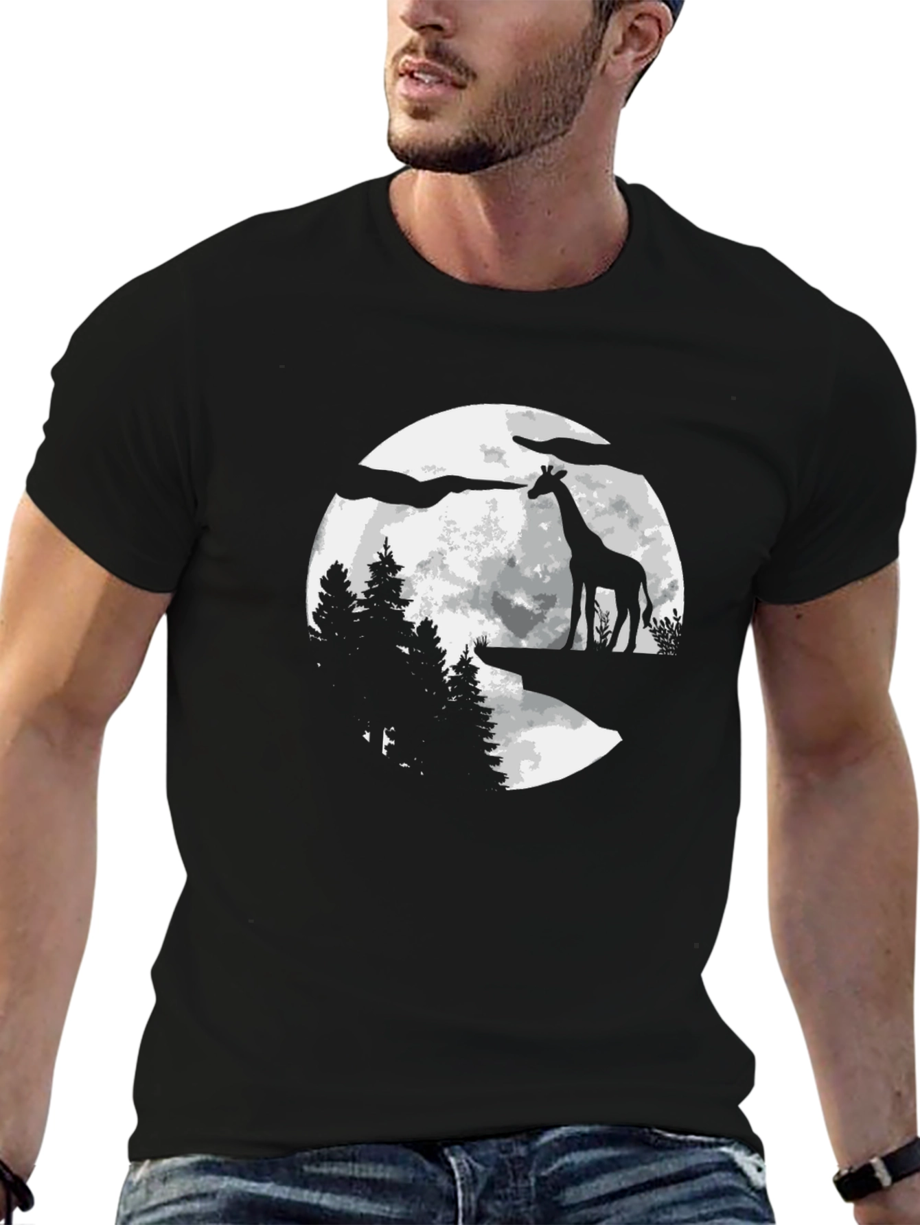 Giraffe Moon Silhouette Black T-Shirt