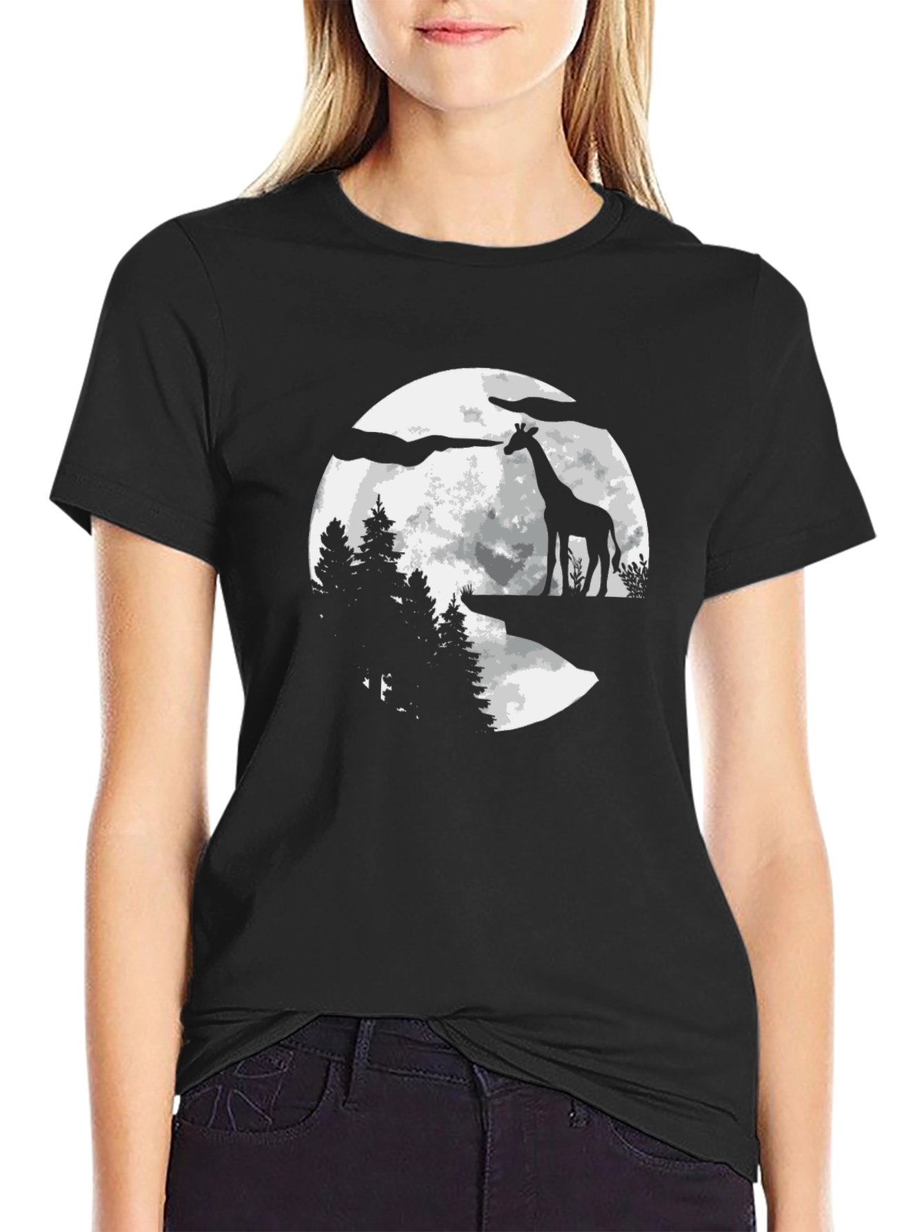 Giraffe Moon Silhouette Black T-Shirt