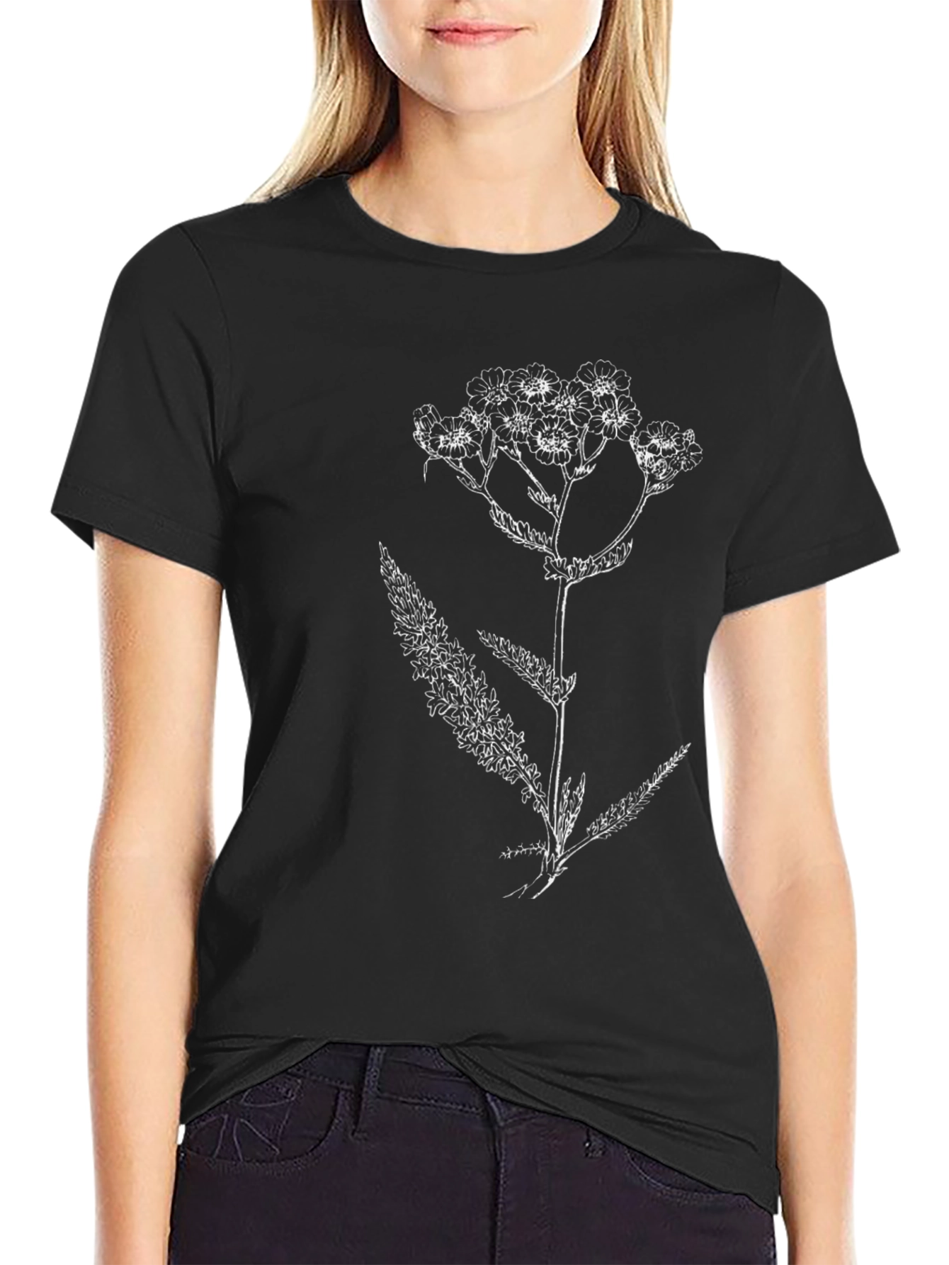 Botanical Print Tee - Black Cotton T-Shirt