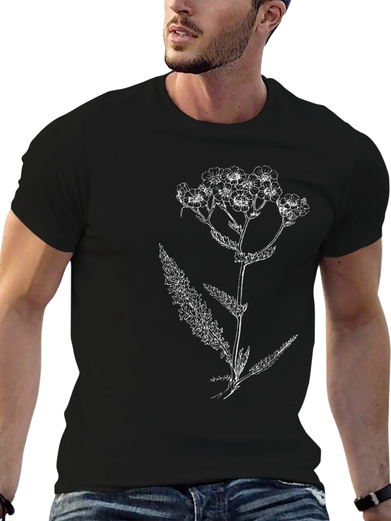 Botanical Print Tee - Black Cotton T-Shirt
