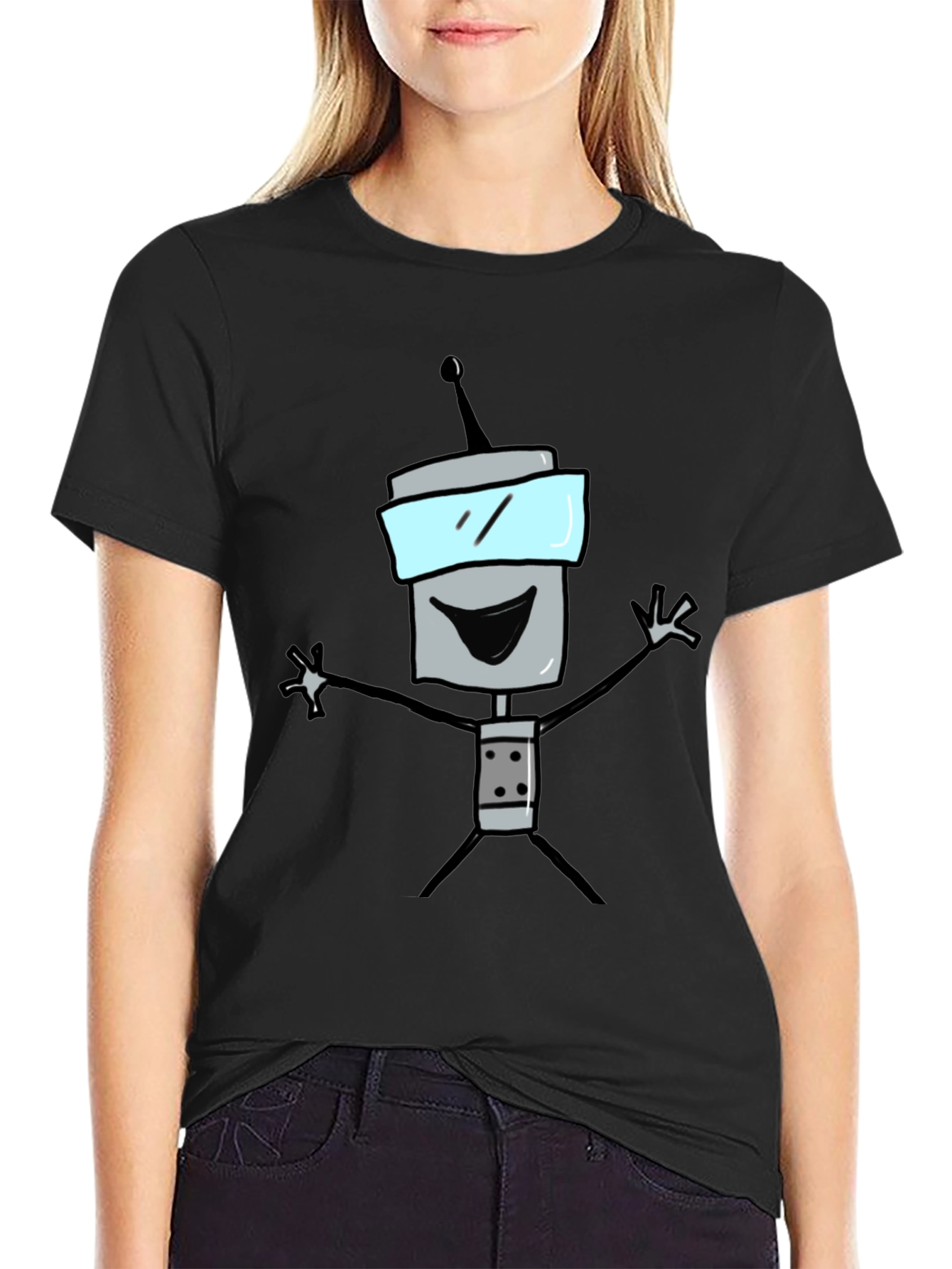 Fun Robot Graphic Tee - Black Cotton T-Shirt