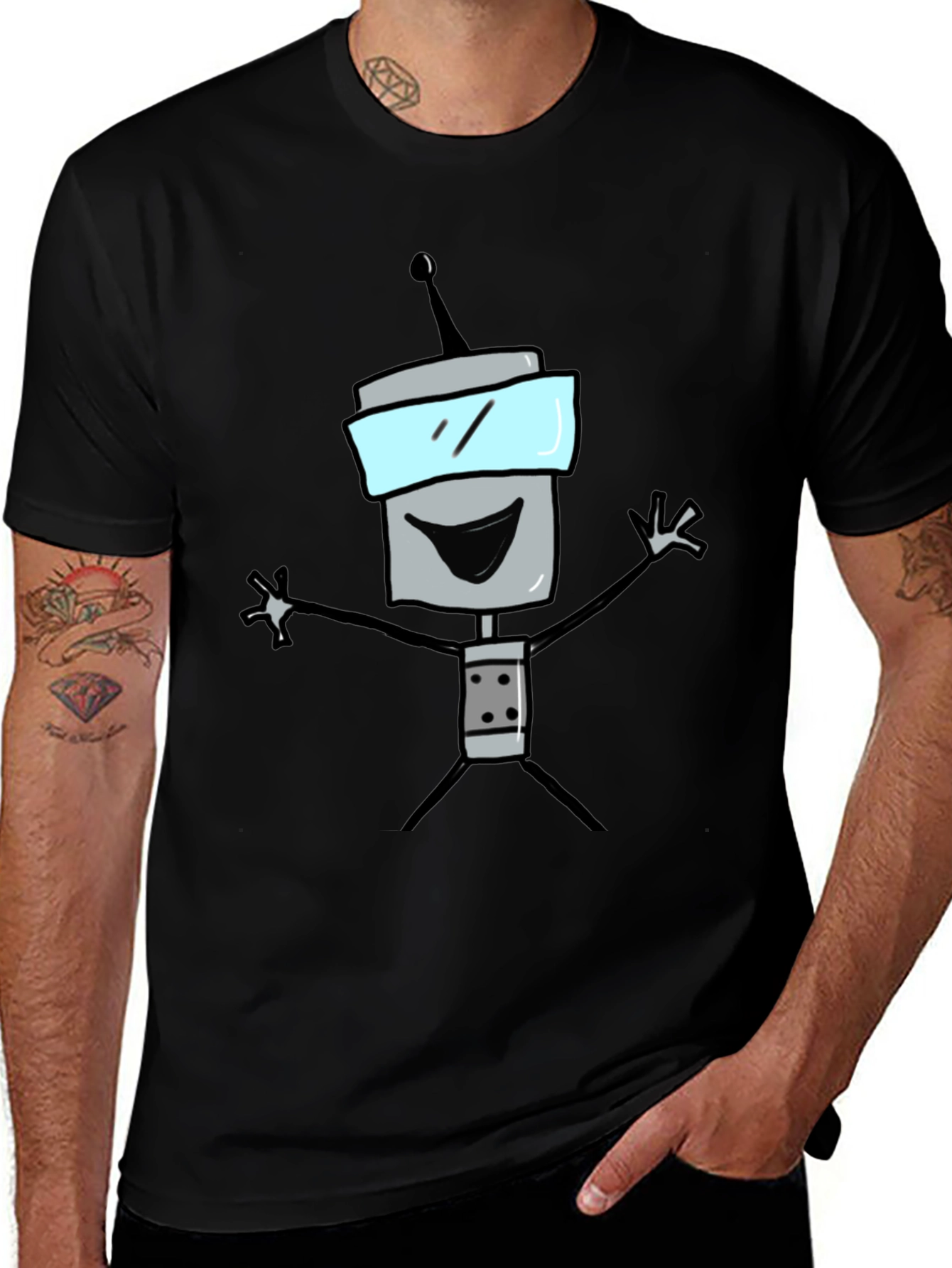 Fun Robot Graphic Tee - Black Cotton T-Shirt