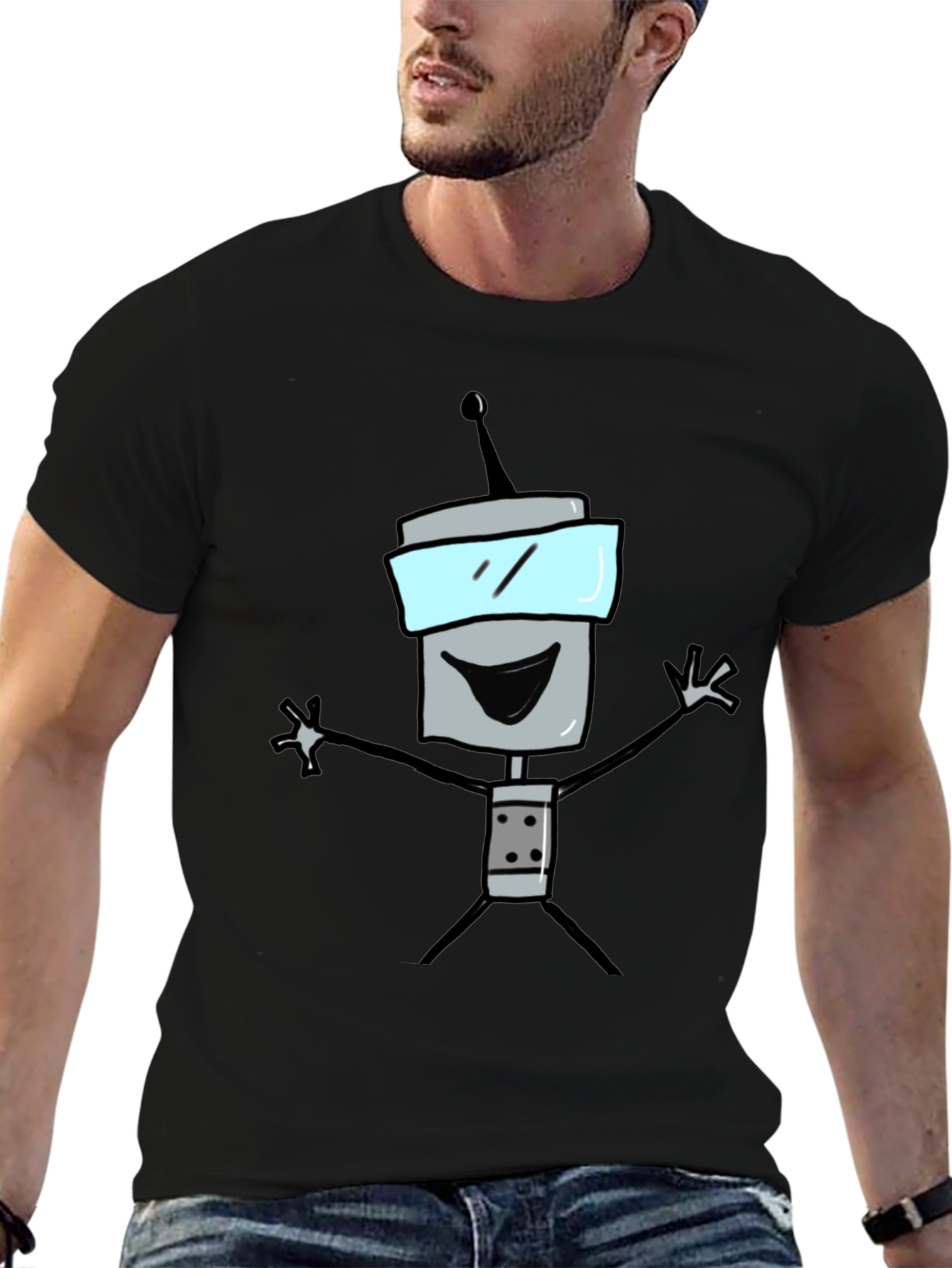 Fun Robot Graphic Tee - Black Cotton T-Shirt