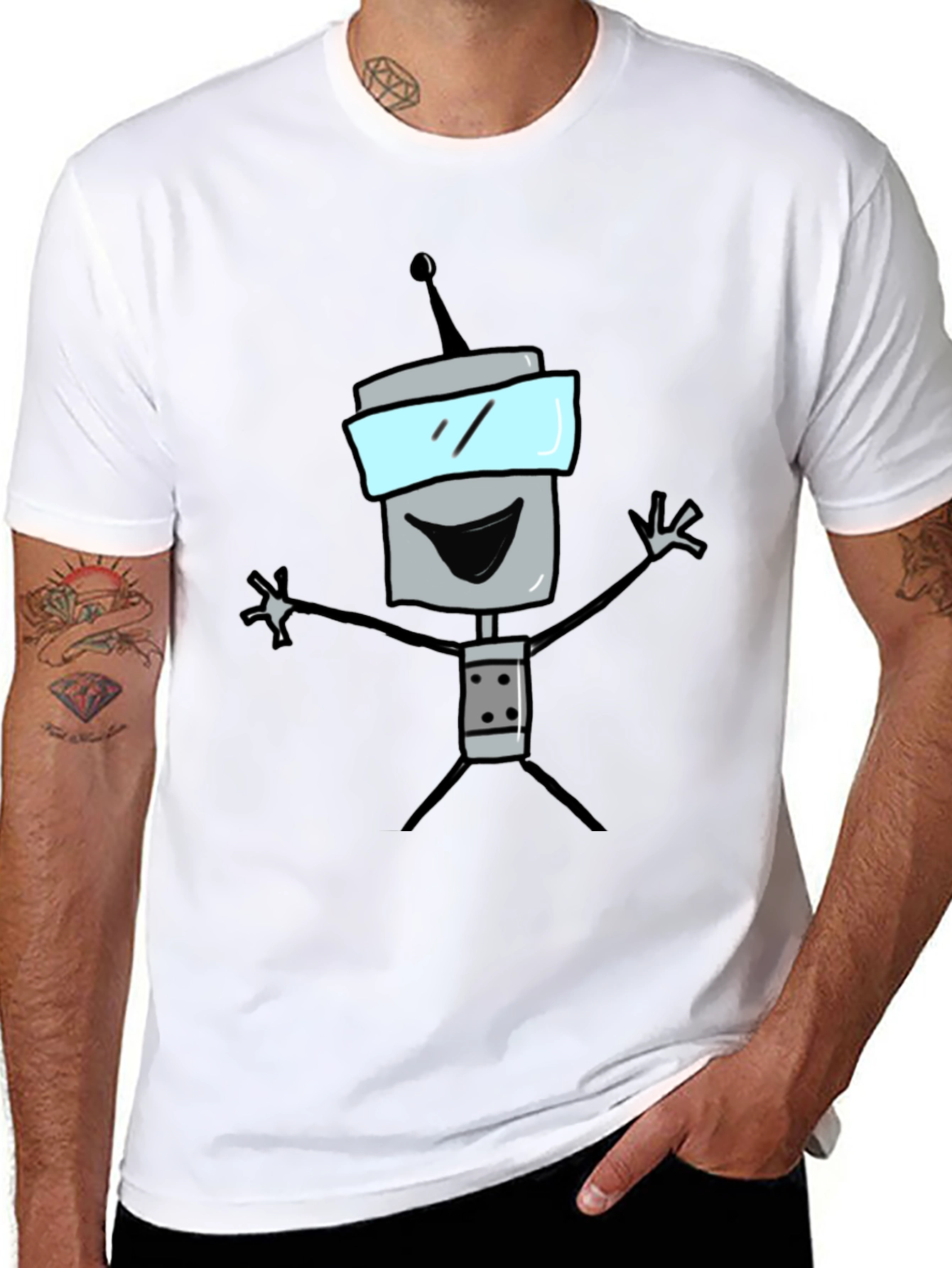 Fun Robot Graphic Tee - Black Cotton T-Shirt